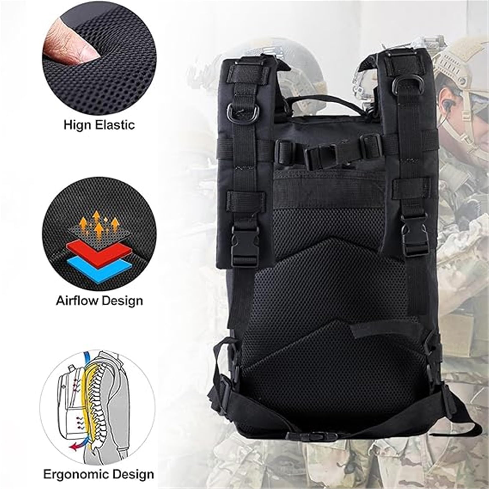Praktyczny Męski, 30l Mały Plecak Wodoodporny Wojskowy Taktyczny Plecak Szturmowy, Pack Travel Trekking 3-dniowy Ewakuacyjny, Do Szkoły, Pieszych Wędrówek, Trekkingu, Polowań, Sportu(Black)