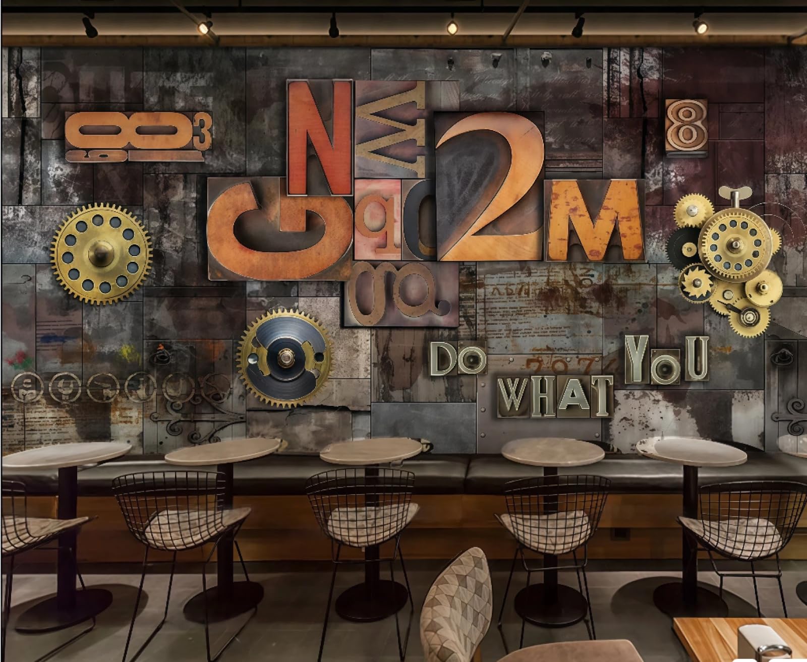 Tapeta retro żelazo mechaniczna przekładnia trójwymiarowa litera motyw bar zachodnia restauracja tło ścienne popołudniowa herbata kawa tapeta, 3D, 250x175cm