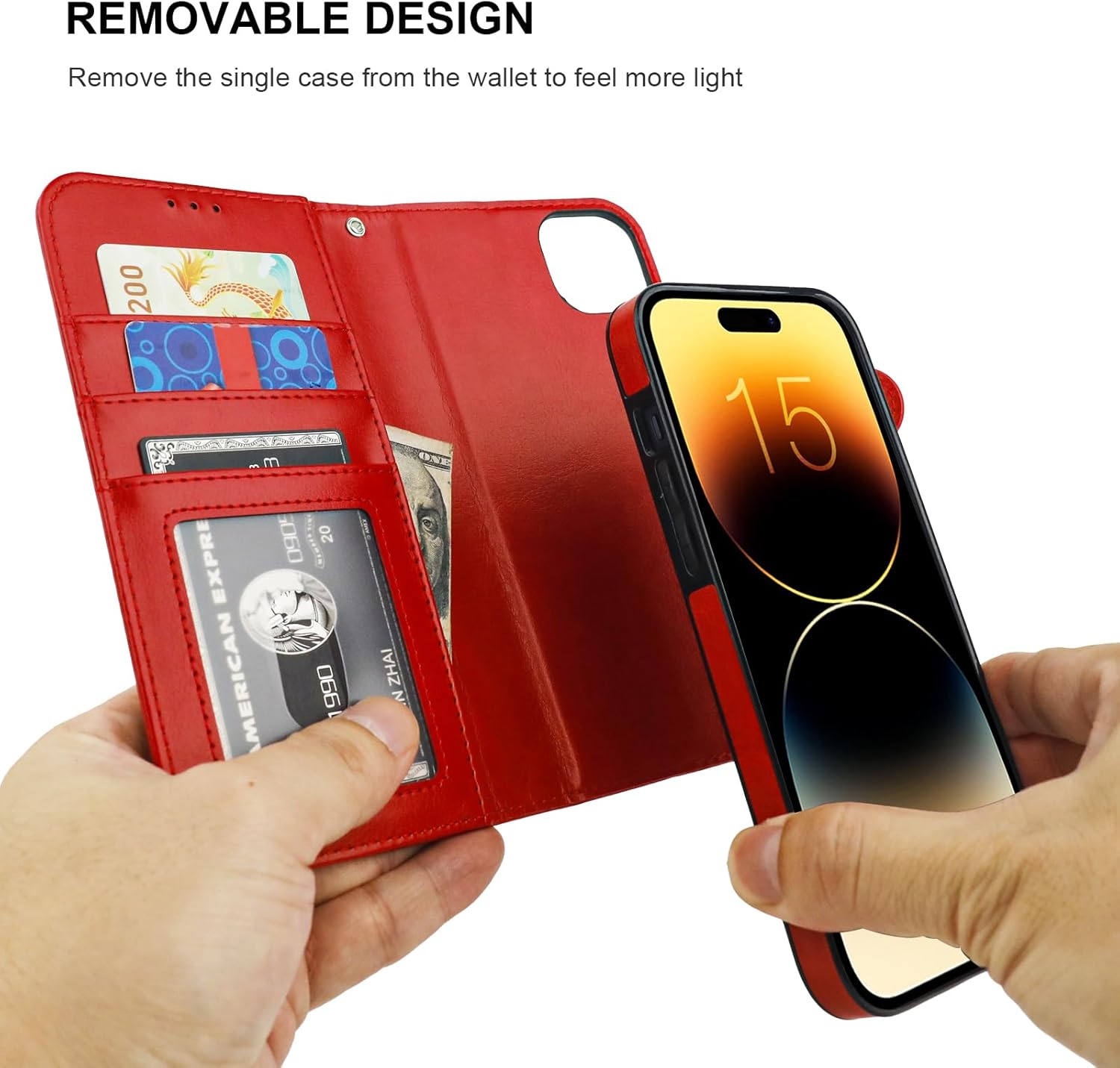 Bocasal Detachable Wallet Case for iPhone 15 Plus RFID Blocking Card Slots Holder Premium PU Leather Magnetic Kickstand Shockproof Wrist Strap Removable Flip Protective Cover 5G 6.7 inch (Red)