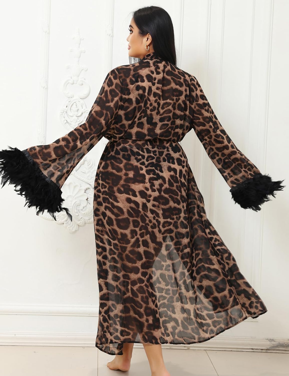 ohyeahlady Women Feather Long Robe Plus Size Sexy Sheer Robe Lingerie Mesh Leopard Print Bridal Robe with Fur - Image 6