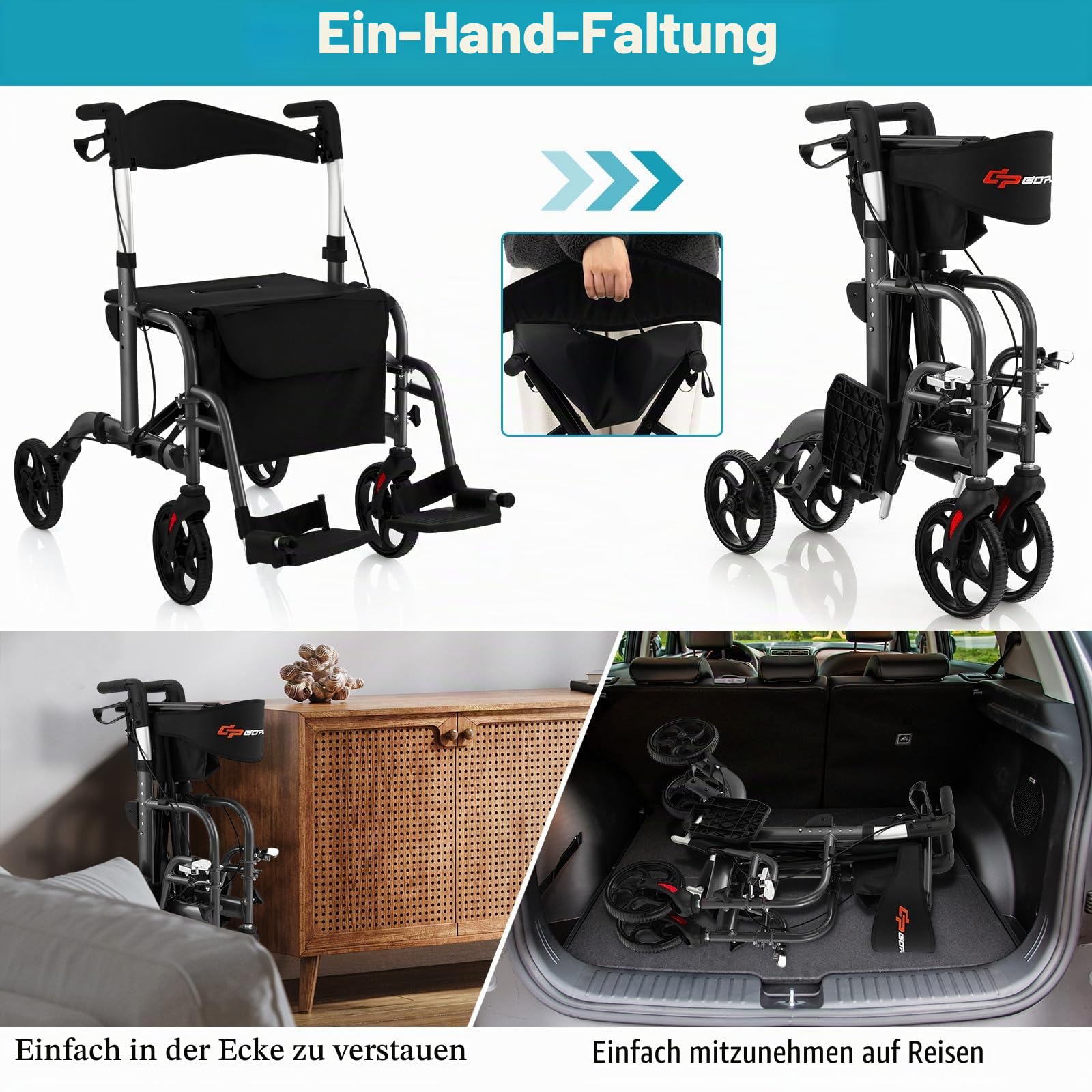 FANTASK 2 in 1 Rollator faltbar 6-fach höhenverstellbar, Gehwagen mit Rollstuhl & Reiserollator Leichtgewicht, Gehhilfe mit Tasche & Bremsen & Stockhalter, Aluminium (schwarz)