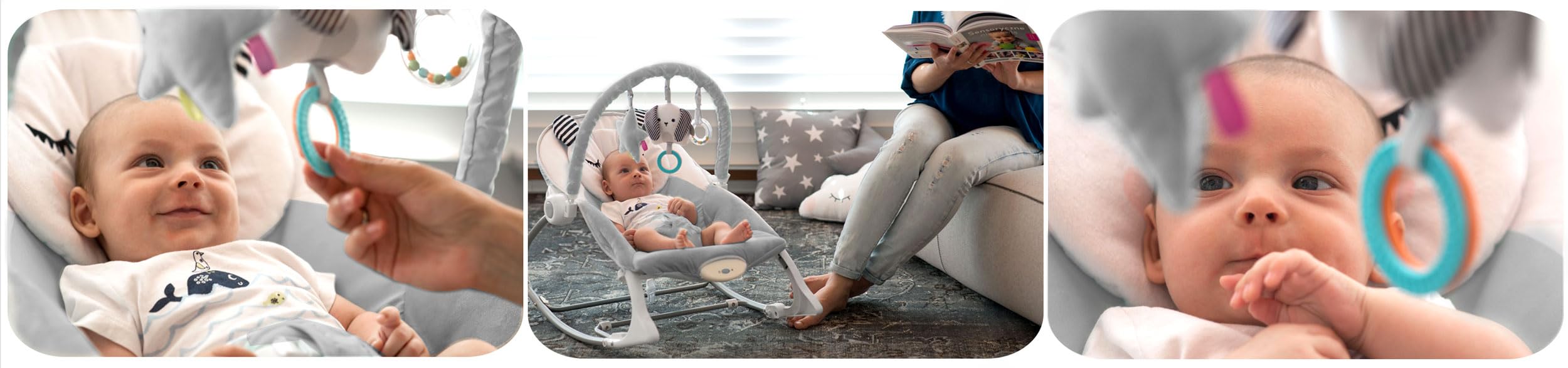 Nukido Sdraietta Neonati - Dondolino con Vibrazione e Giochi - Piedini Antiscivolo - fino a 18 kg Grigio