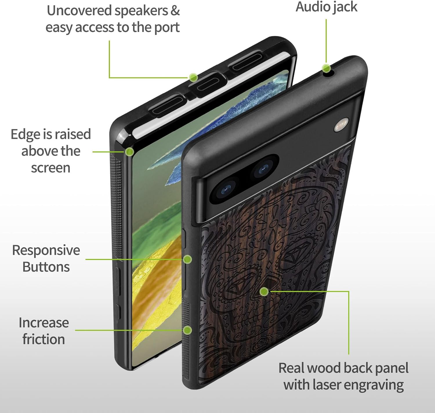 Carveit Wood Case for Pixel 8a Case [Natural Wood & Black Soft TPU] Shockproof Protective Unique Wooden Cover Compatible with Google Pixel 8a (Diamond Sugar Skull-Blackwood)