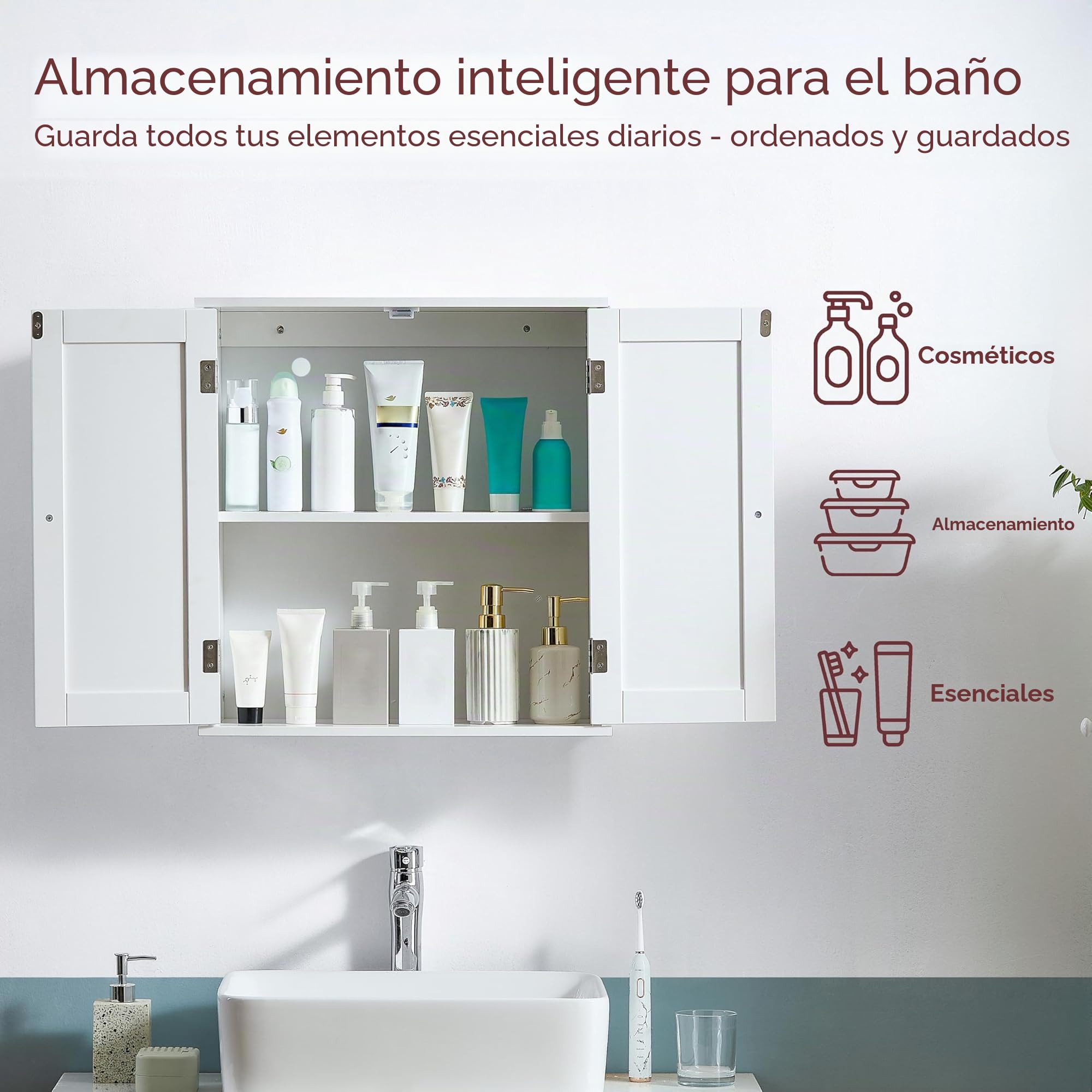 Mueble de baño de Home Discount® de Madera con Rejilla, con Puertas Dobles, para Montar en Pared, Color Blanco