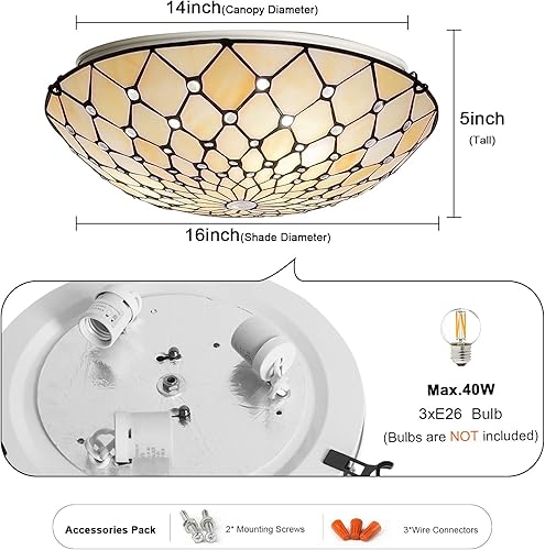 Miniatura 7 de ARTZONE Tiffany - Lámpara de techo empotrada, 16 pulgadas de ancho con vitrales para dormitorio, sala de estar, entrada, vestíbulo, 3 luces..