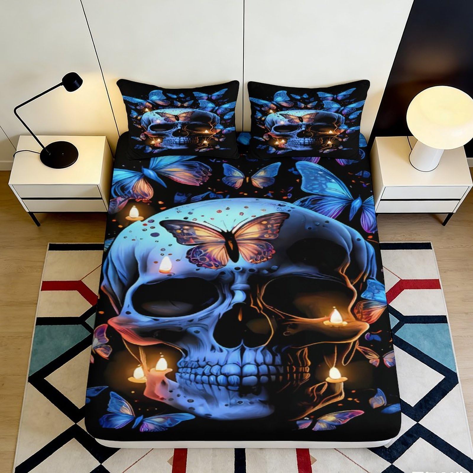 3D Printed Skull and Butterfly Fitted Sheet Microfiber Soft Breathable Blue Black Skull Bed Cover with 3D Design Mattress Cover for Bedroom Dormitory Guest Room 200x200x25cm