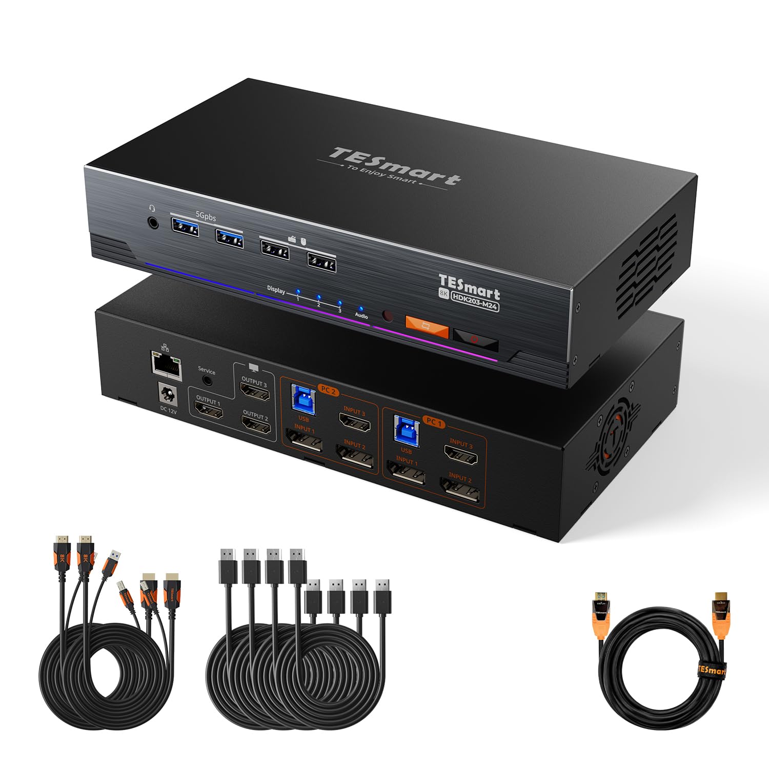 TESmart Pack KVM HDMI+DP 8K@60Hz 2 PC 3 Moniteurs + Câble HDMI 2.1 Fibre Optique 10 m, 48 Gbit/s, 4K@144Hz, USB 3.0, EDID, Réseau Gigabit, HDCP 2.3