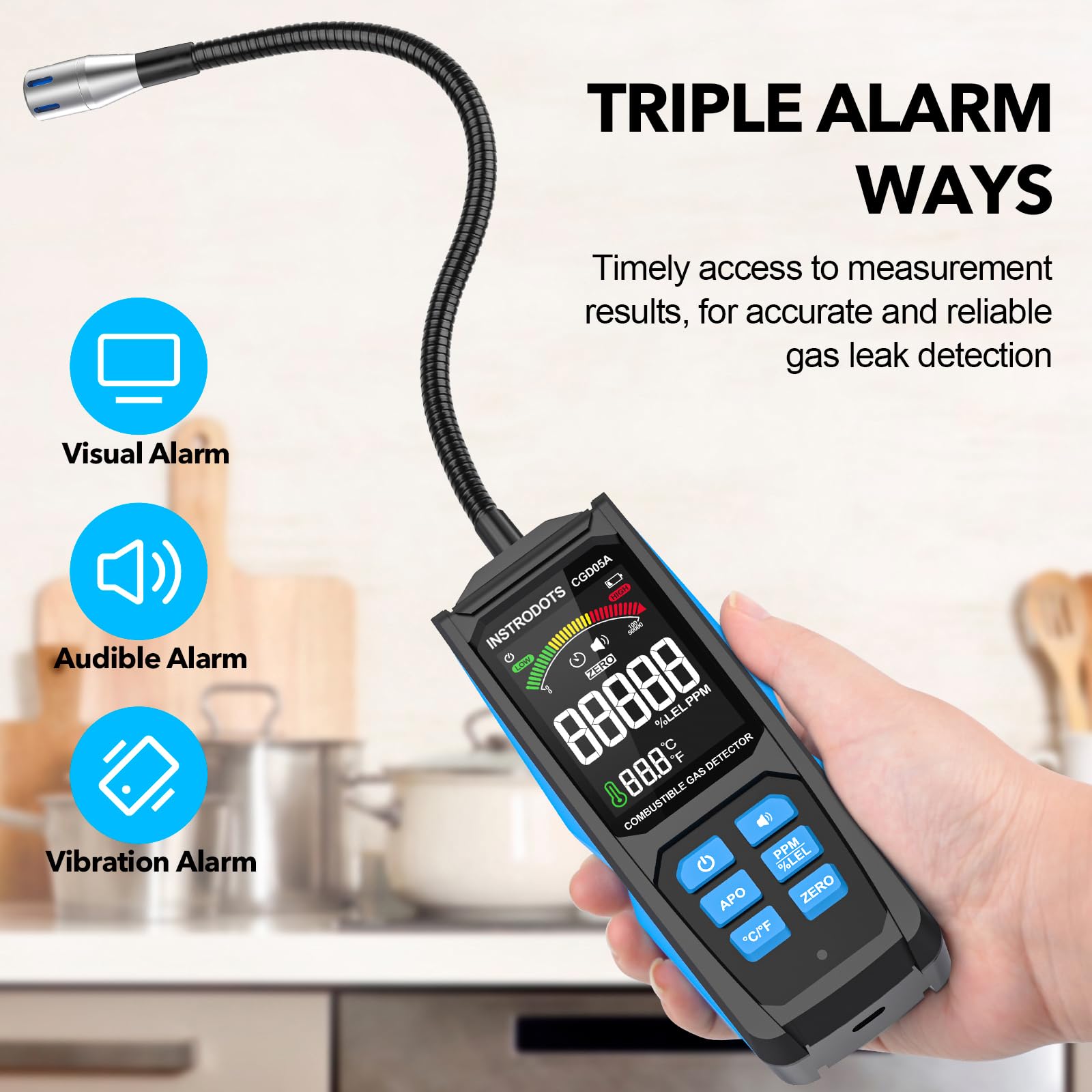 Detector de gas natural, detector de fugas de gas con alarma audible y visual, sensor de gas recargable con cuello de cisne de 11.3 pulgadas, localización de propano, gas natural, fugas de