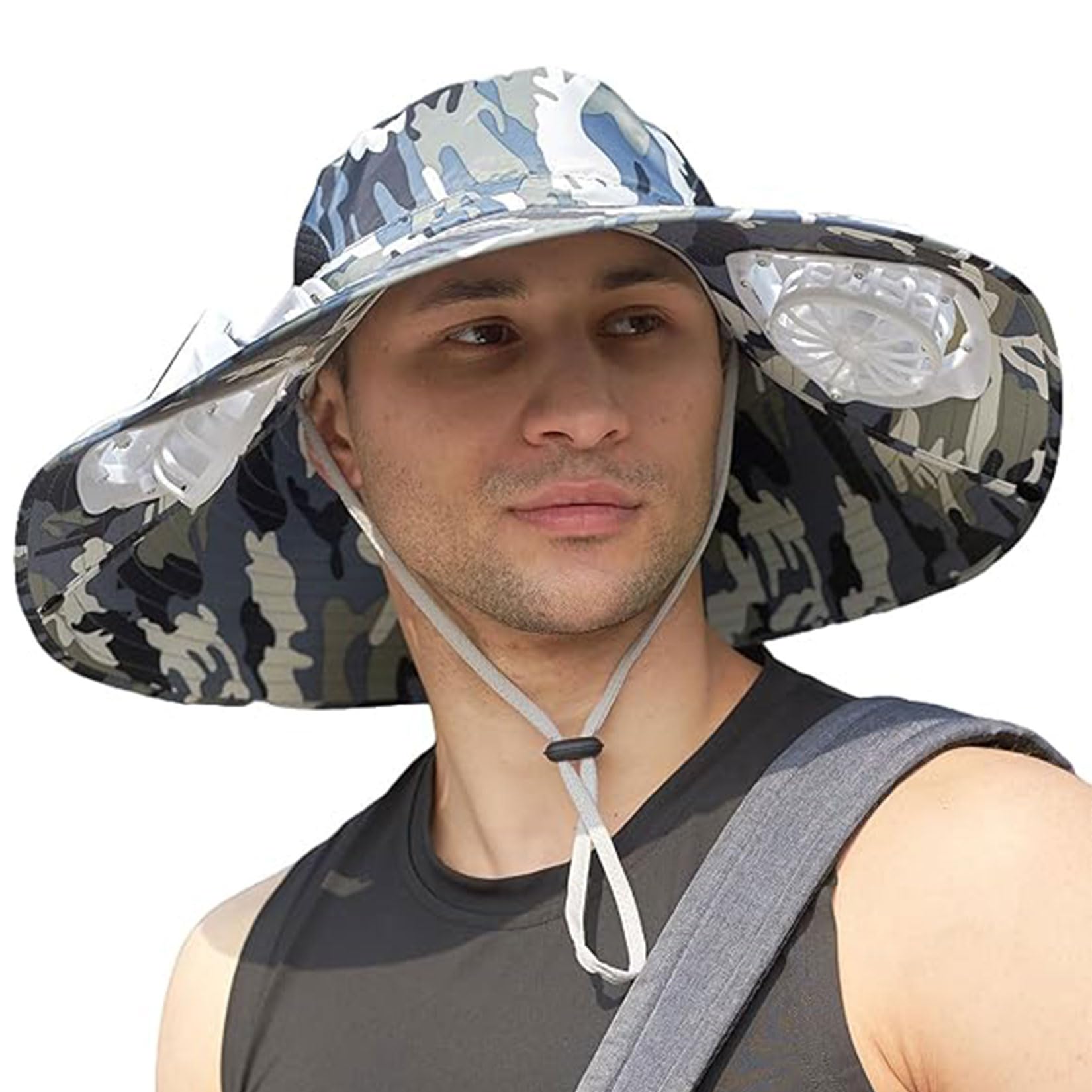 Mens Sun Hat with 2 Fan, Summer Cooling Wide Brim Bucket Hat, Beach Hat Garden Hat, Solar + USB Dual Power Supply