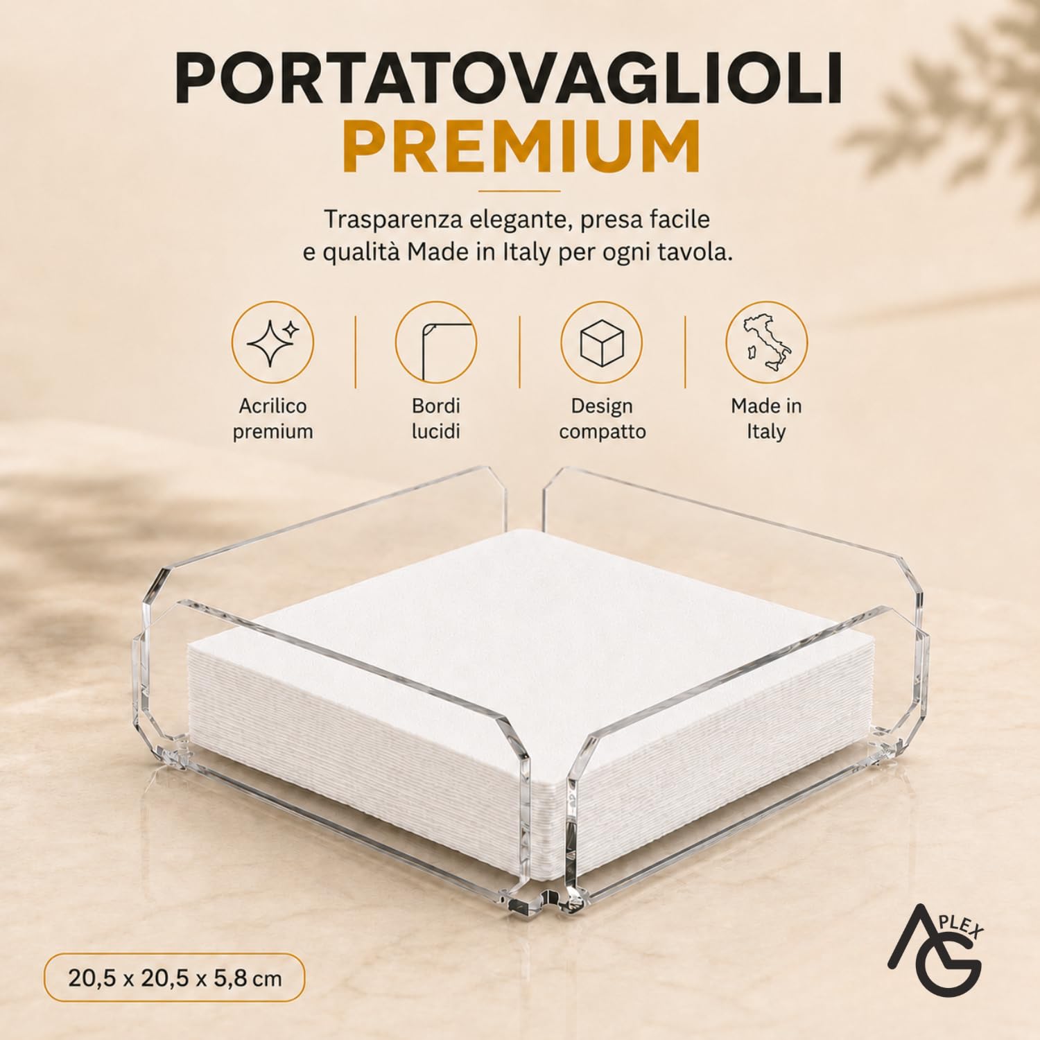 Agplex Portatovaglioli in vetro acrilico trasparente 20,5x 20,5 x5,8 cm, Porta tovaglioli da tavola design moderno - Made in Italy