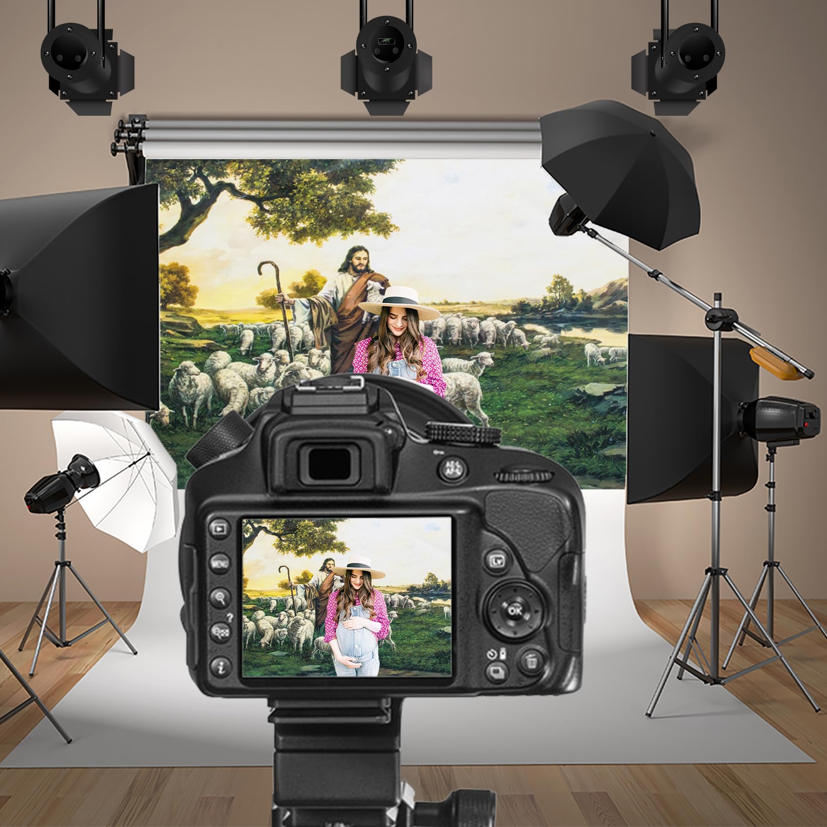 Fondale Fotografico In Vinile YongFoto 1,5x1m Tema Religioso: Gesù Con Pecore, Sfondo Per Feste E Servizi Fotografici