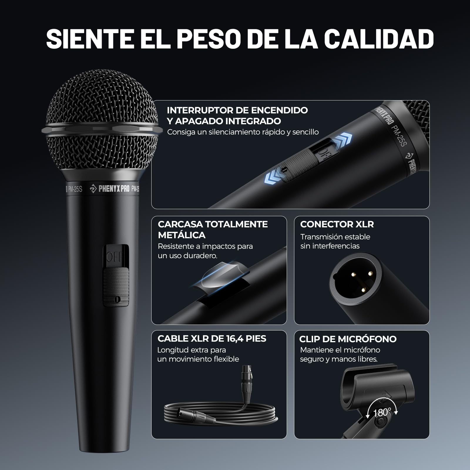 Phenyx Pro Micrófono Vocal Dinámico Cardioide XLR ON/Off PM-25S | Patrón cardioide, mic dinámico, cable XLR 5 m, interruptor on/off, clip, bolsa, canto, escenario, estudio