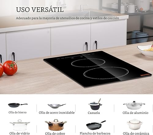 Miniatura 4 de VEVOR Estufa eléctrica integrada, 12 pulgadas, 2 quemadores, placa de cocina de cerámica radiante de vidrio con control táctil sensor, temporizador