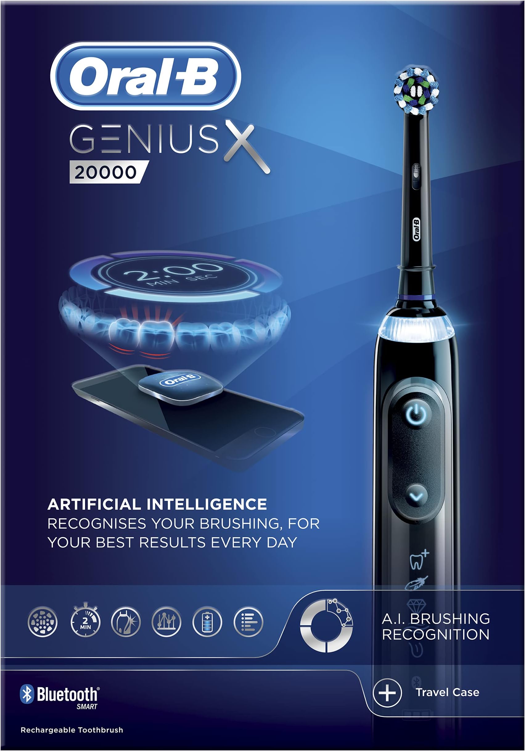 Oral-B Genius X with Artificial Intelligence Black Electric Toothbrush, 1 Toothbrush Head, 6 Modes, Gum Pressure Sensor, USB Charging Travel Case, UK 2 Pin Plug, Gift for Men/Women
