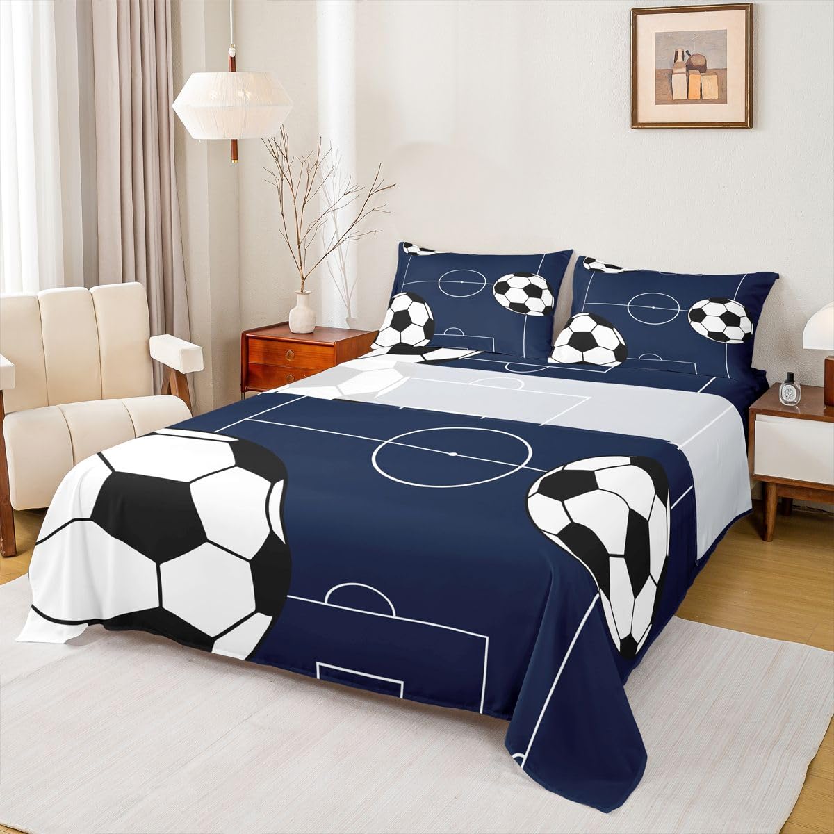 Castle Fairy Dark Blue Ball Gaming Bed Sheet King Set,Kids Soccer Sports Theme Sheet Sets Adults Room Decoration,Football Bedding Set with Flat,Fitted Sheet,2 Pillow Cases