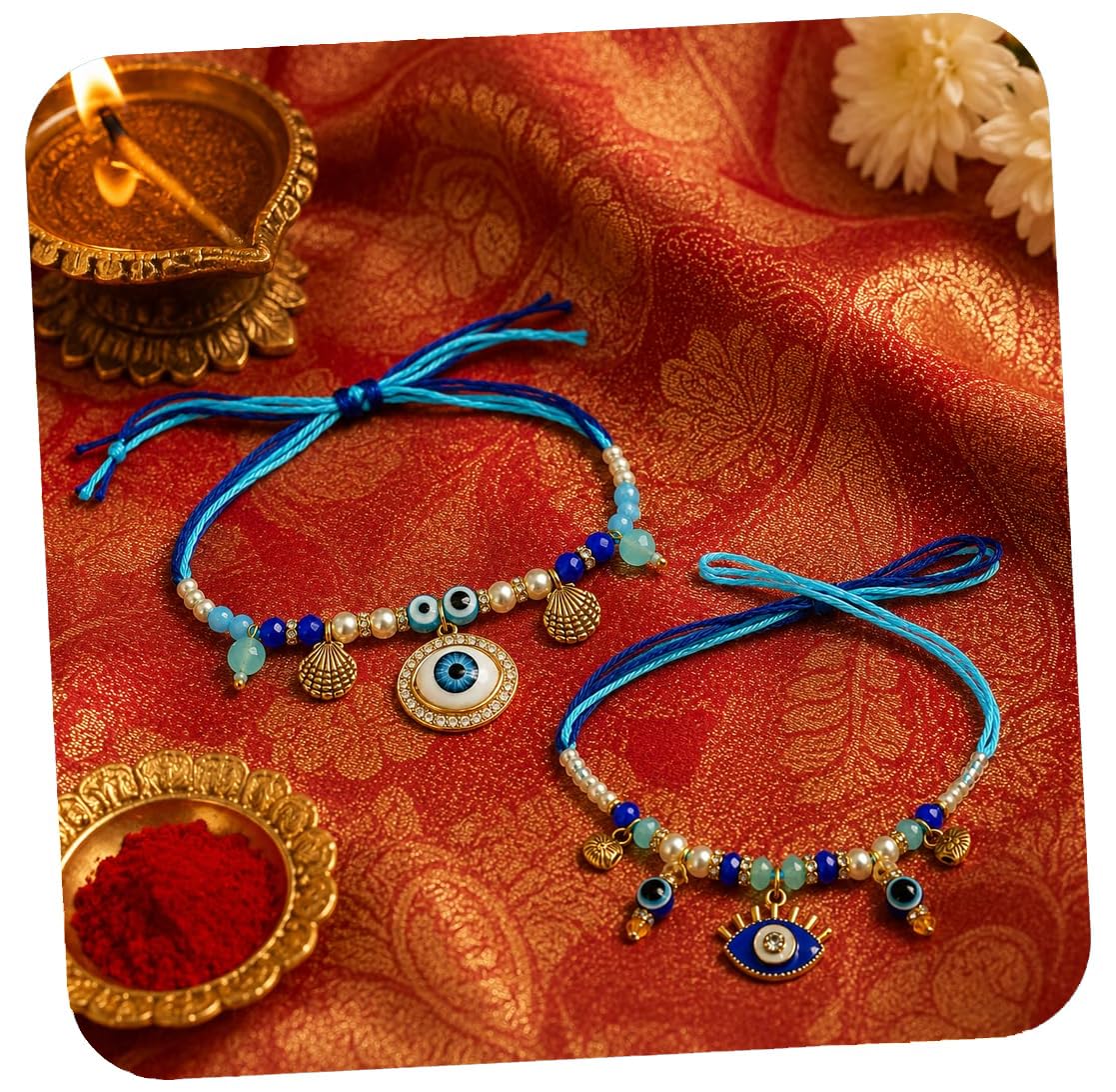 craftvatika Set of 2 Evil Eye Rakhi Set for Sister Women Bhabhi Girls, Designer Evil Eye Rakhi Bracelet for Girls Sister Woman, Premium Rakhis for Rakshabandhan Combo, Best Wishes Card and Tillak Set-picture-16