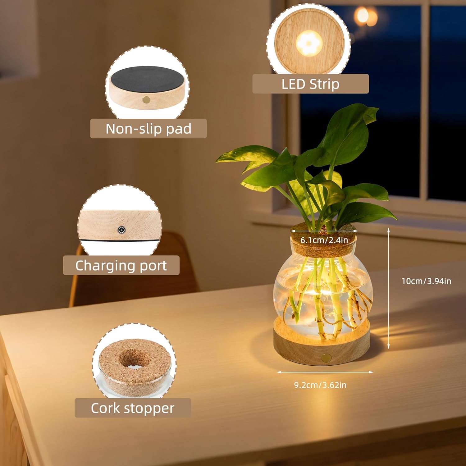 Pflanzen-Anzuchtstation mit Licht, Glas-Terrarium mit stufenloser Dimmfunktion, Hydrokultur-Glasbehälter, Vase, Gläser, Gartenarbeit, Geschenke für Mutter, Frauen, Pflanzenliebhaber, 4 Stück