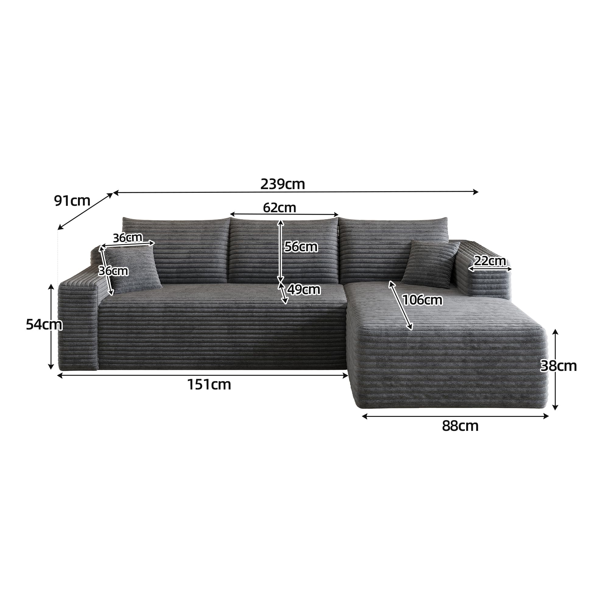 Sofá de esquina convertible, 239 cm, sofá comprimido con chaise longue en forma de L, sofá de esquina modular acolchado con asiento profundo para sala de estar (gris, ángulo derecho)