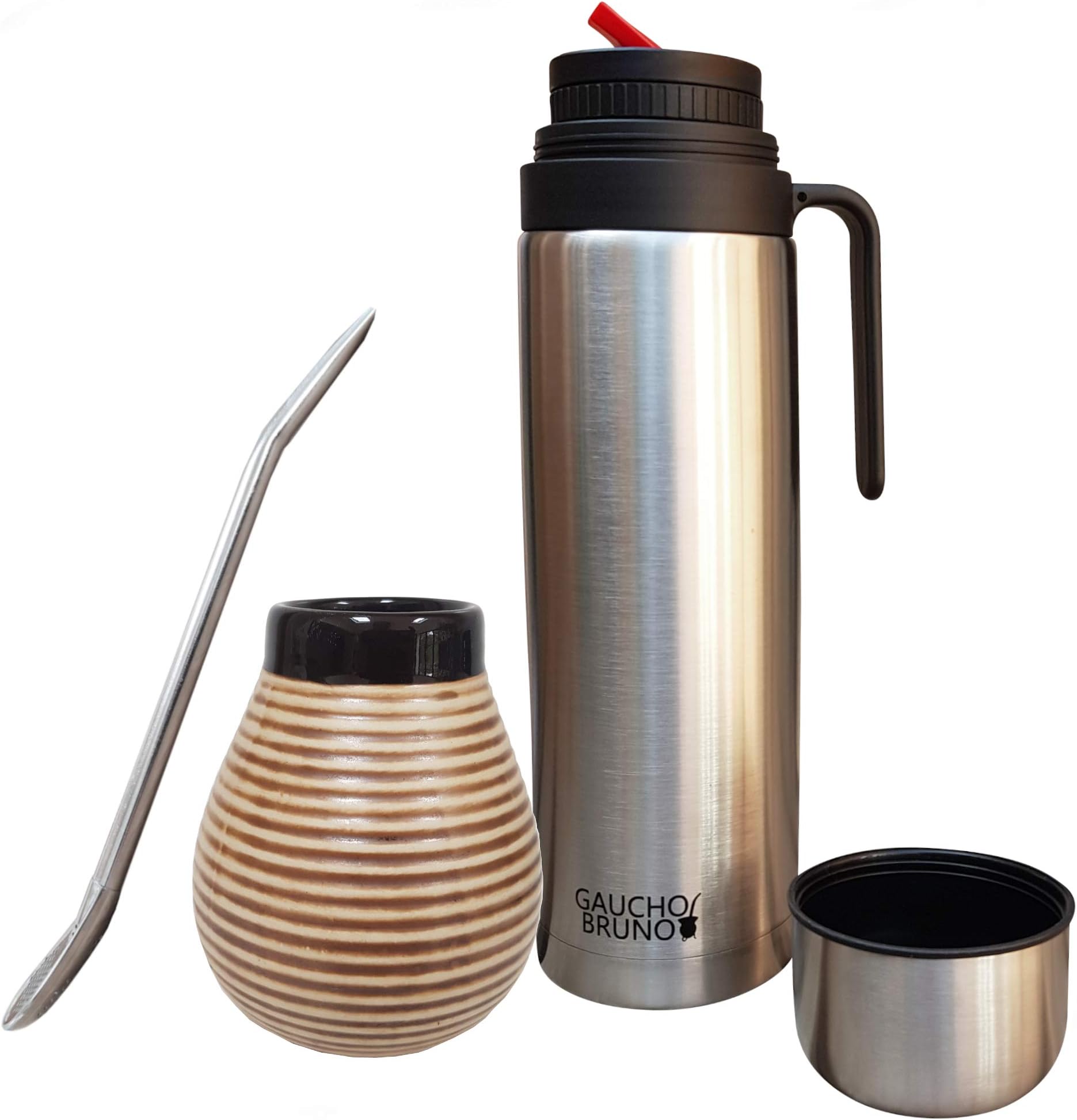 Yerba Mate Cup, Straw, Flask Set - Ceramic Gourd Mug, Stainless Steel Bombilla Drinking Straws and 1 Litre Flask with Red Pouring Spout - Reusable Home and Travel Drinks Kit - Brown