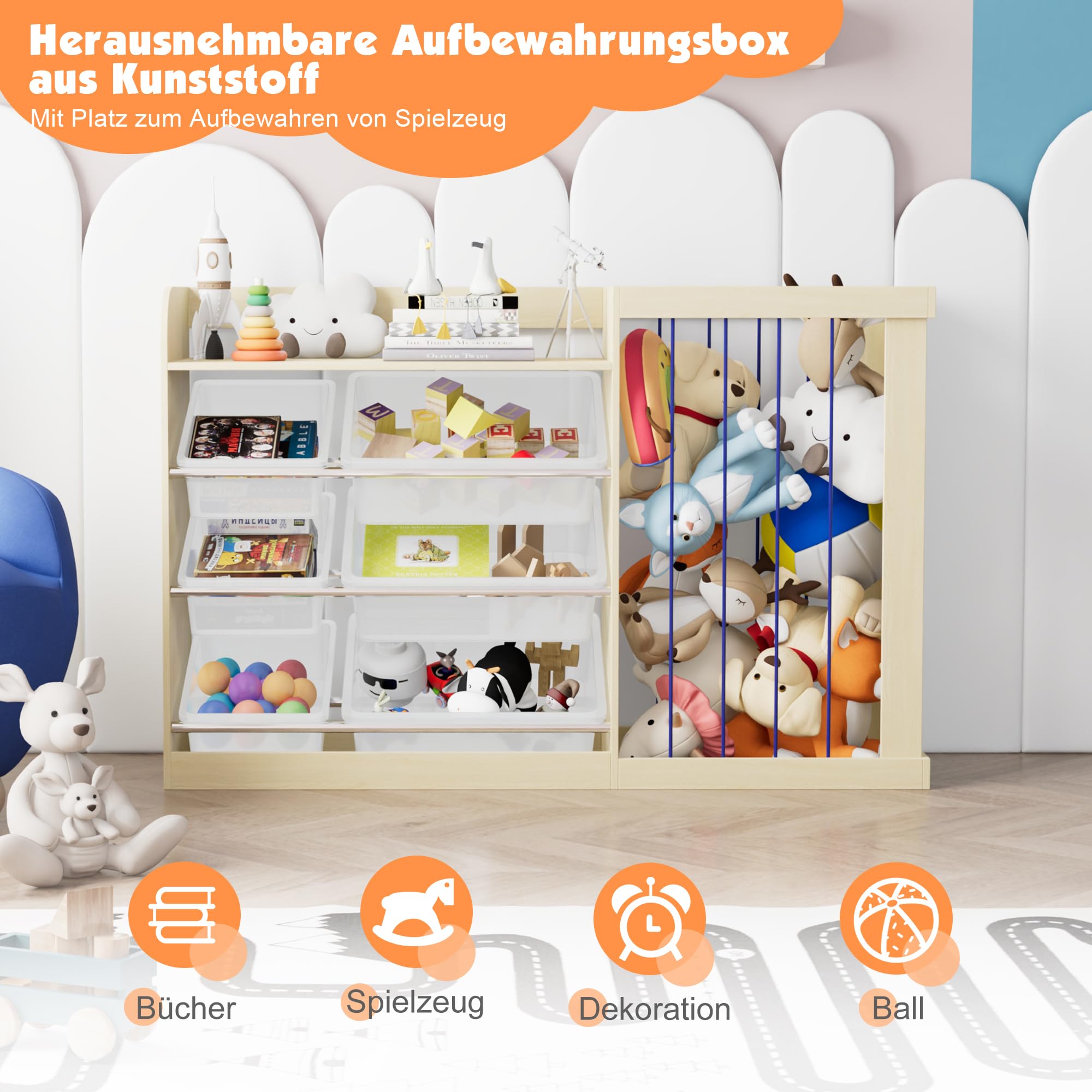 KEEPREAPER 2 in 1 Kinderregal mit 6 Aufbewahungsbox aus Kunststoff und offenem Fach, Spielzeugtruhe aus Holz, Spielzeug Aufbewahrung, Spielzeugregal für Kinderzimmer, 122x34x80cm (Natur)