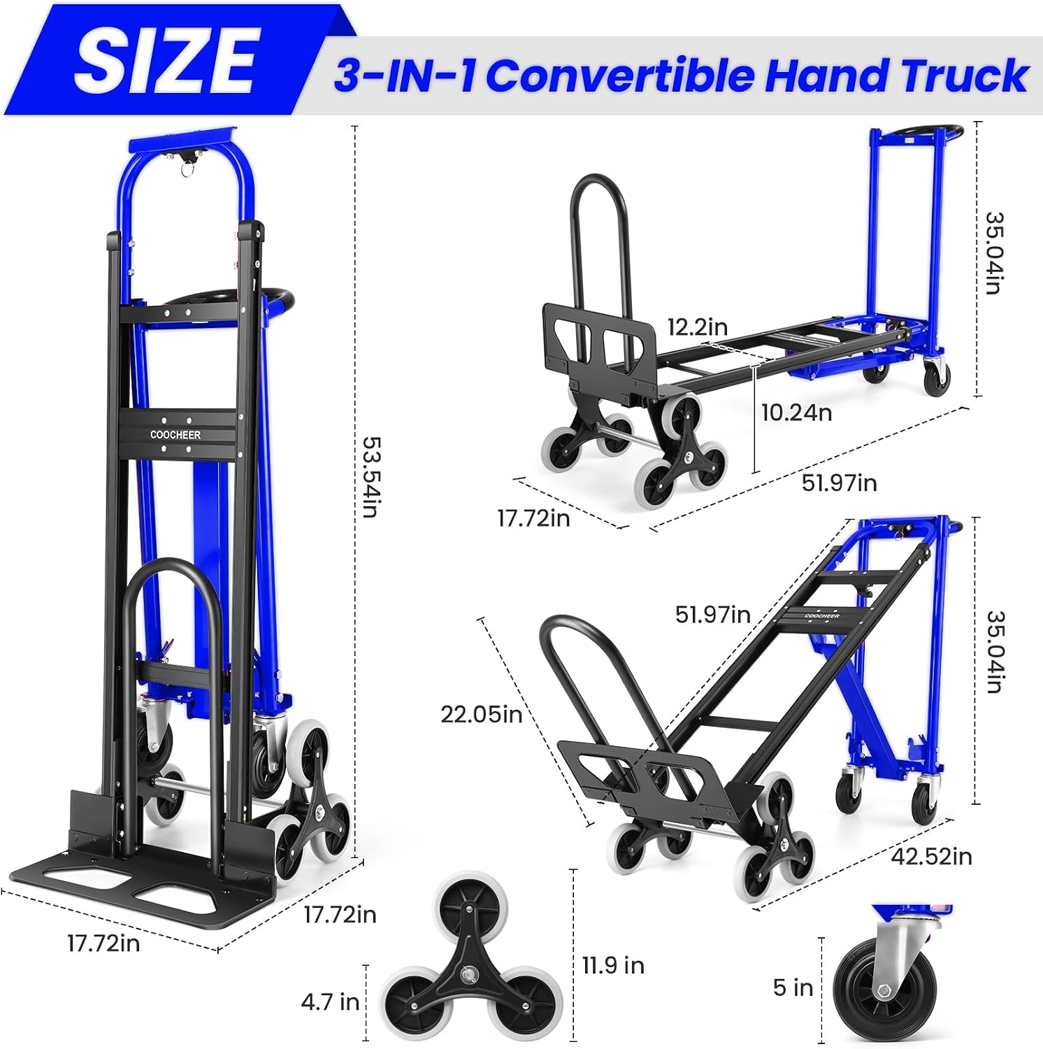 4-in-1 Stair Climbing Cart/Hand Truck Dolly,Convertible Platform Cart Blue | 1000lb platform,600lb tilt,550lb stair, aluminum alloy frame,for warehouse garage office supermarket,stairs grass gravel thumbnail