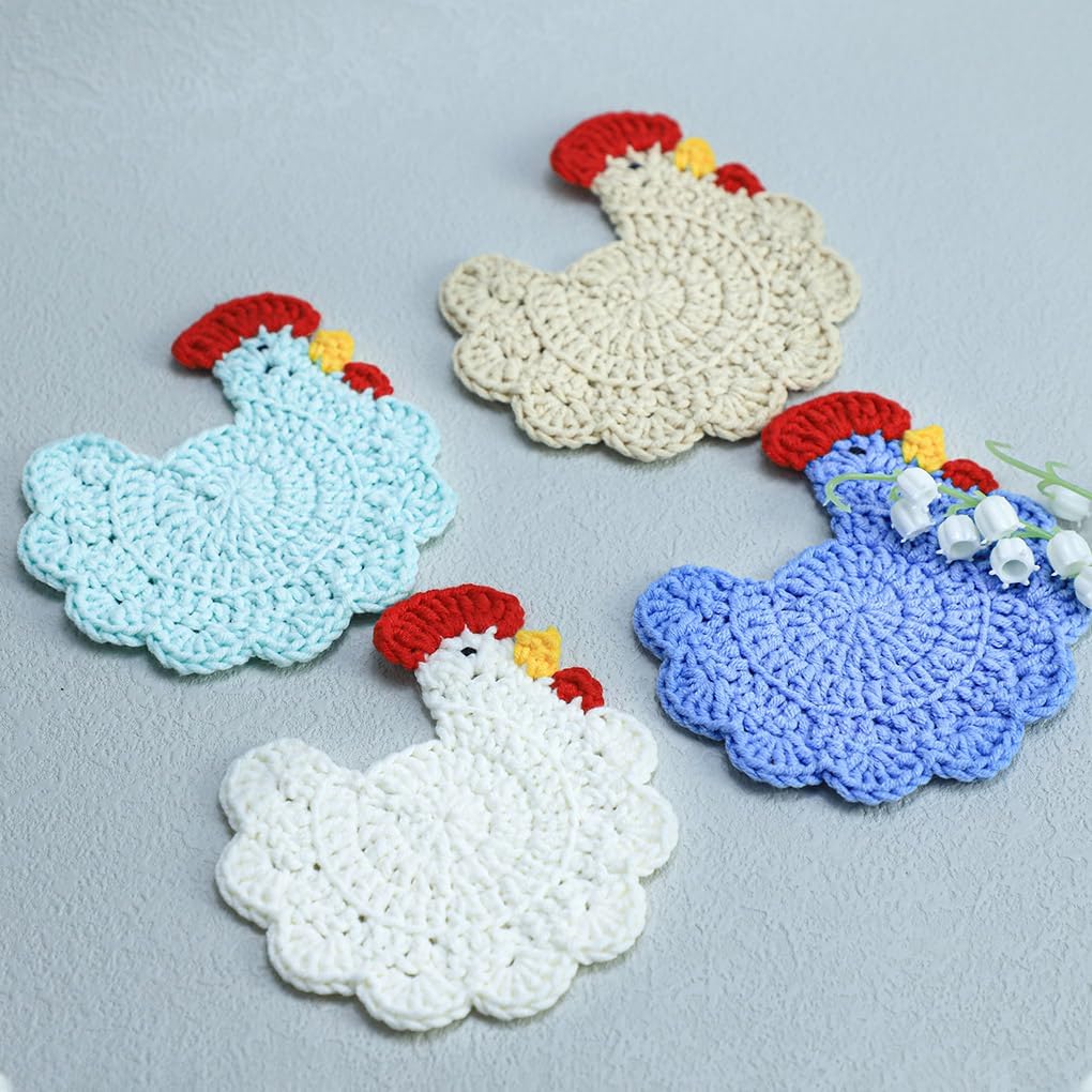 WAIT FLY Handmade Crochet Coasters Cute Chicken Drink Coaster Set for Coffee Table Tabletop Protection Home Decor - Image 3