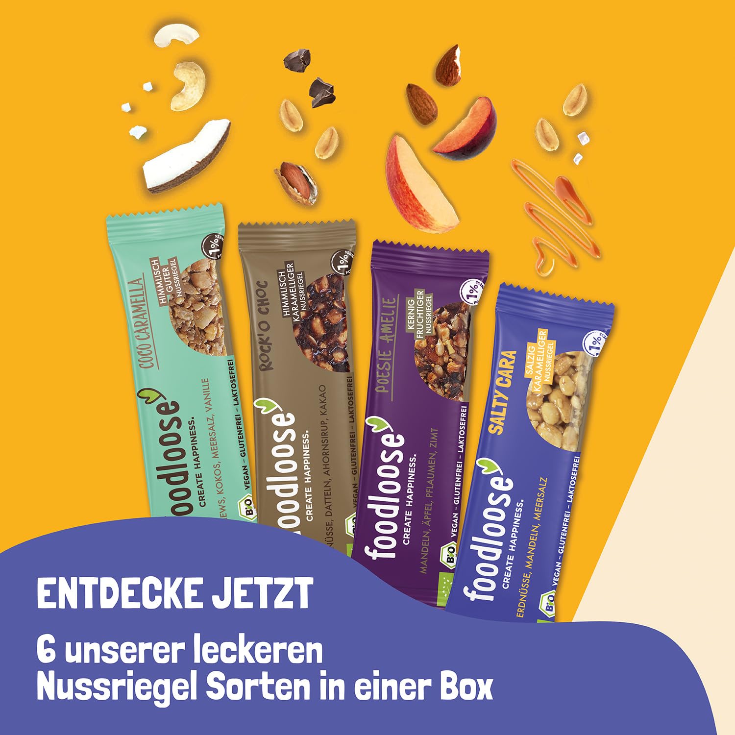 foodloose Bio-Nussriegel Probierpaket | Vegane, laktose- und glutenfreie Bio-Riegel ohne raffinierten Zucker | Großpackung mit 4 verschiedenen Sorten (24 Riegel x 35g)