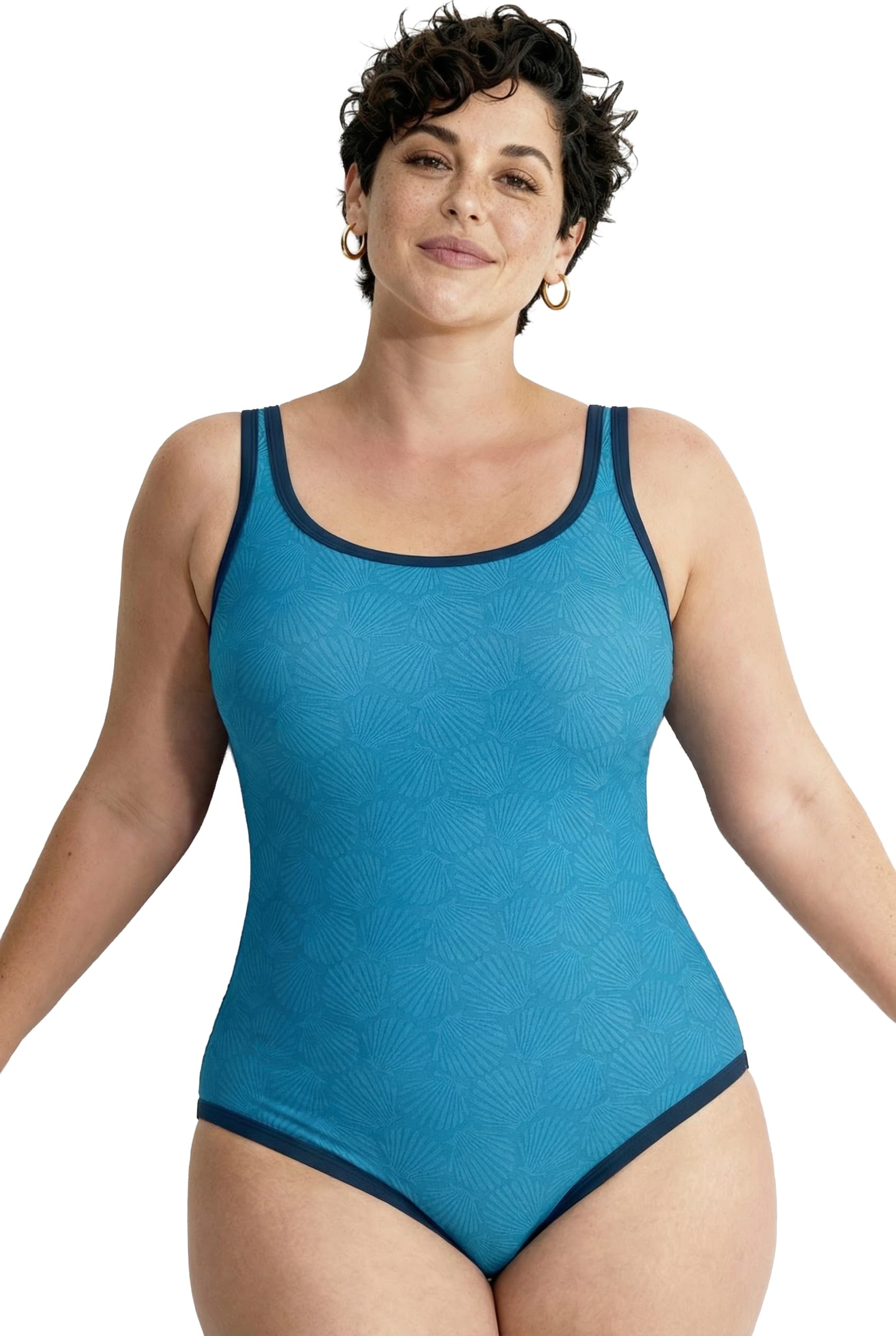 Ulla Popken Damen große Größen Übergrößen Plus Size Badeanzug, Muscheln, ohne Softcups, Rundhals 846743