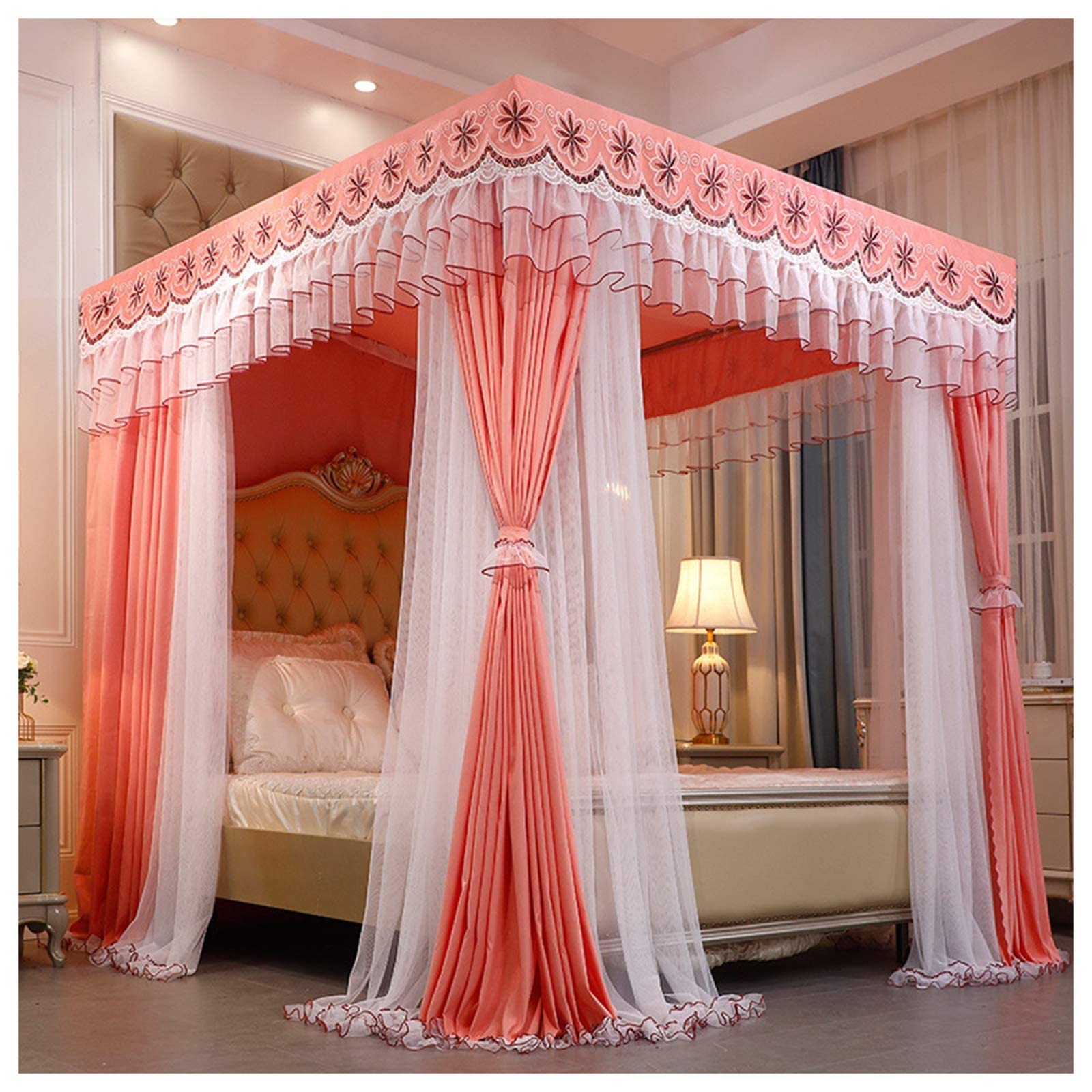 Rideaux de lit anti-poussière rose pour un sommeil préservé