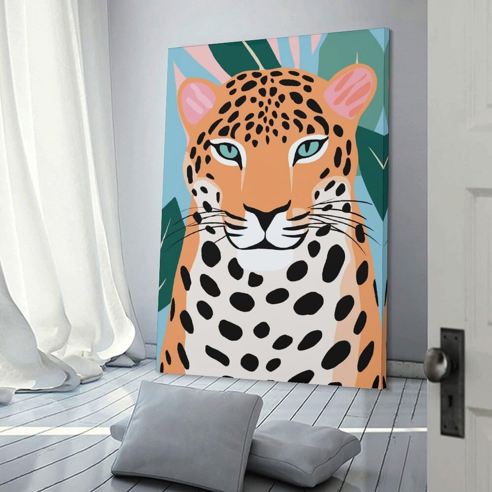 Junmoney Leopard Portrait with Tropical Leaves Canvas Wall Decor, 20x30inch(50x75cm), for Gallery Wall Decor And Room Displays, Wall Decor Suited to Curated Displays