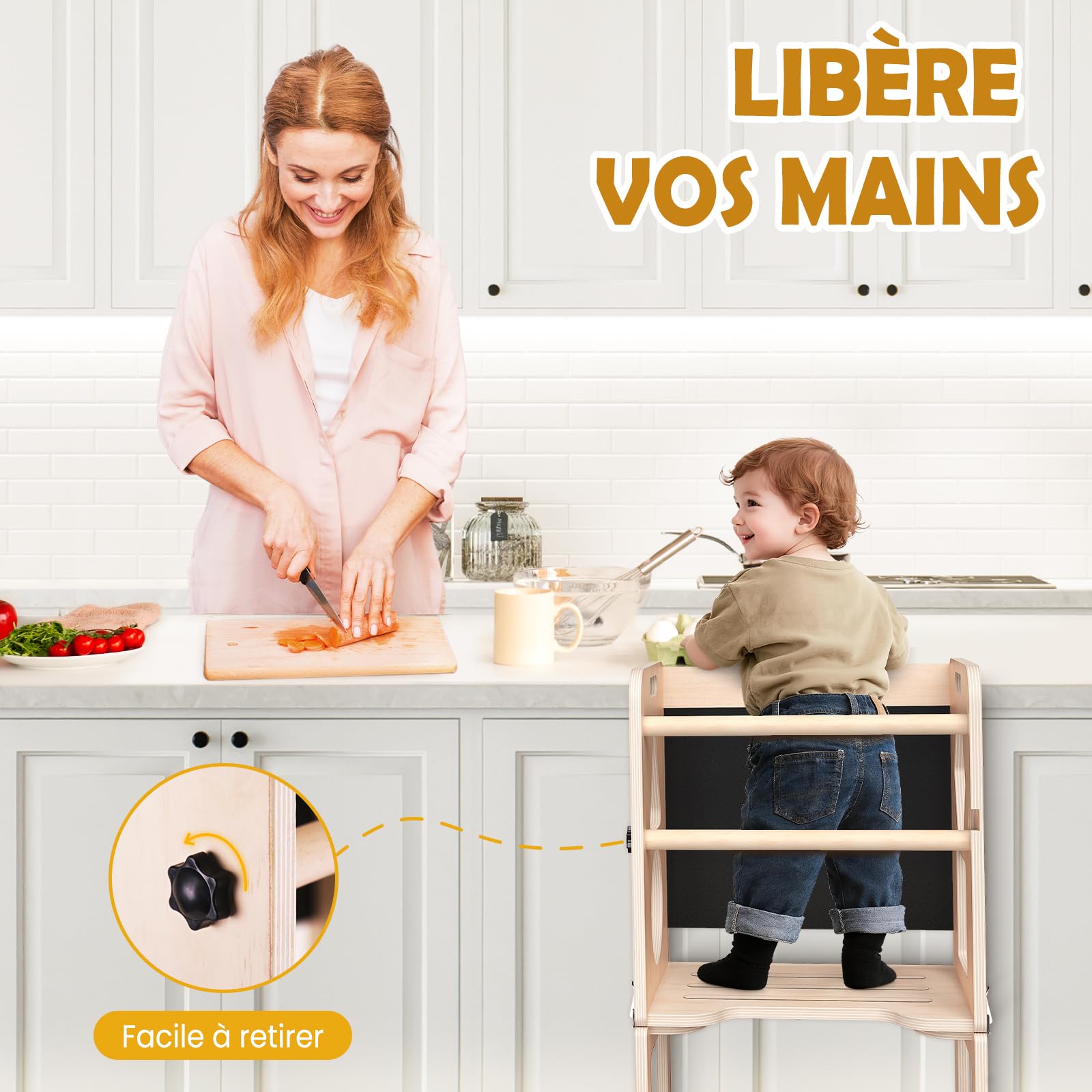 Woodure 3 in 1 Lernturm für Kinder ab 1 Jahr | Klappbare Trittleiter mit Tafel | Ideal für Küche, Tisch und Bad