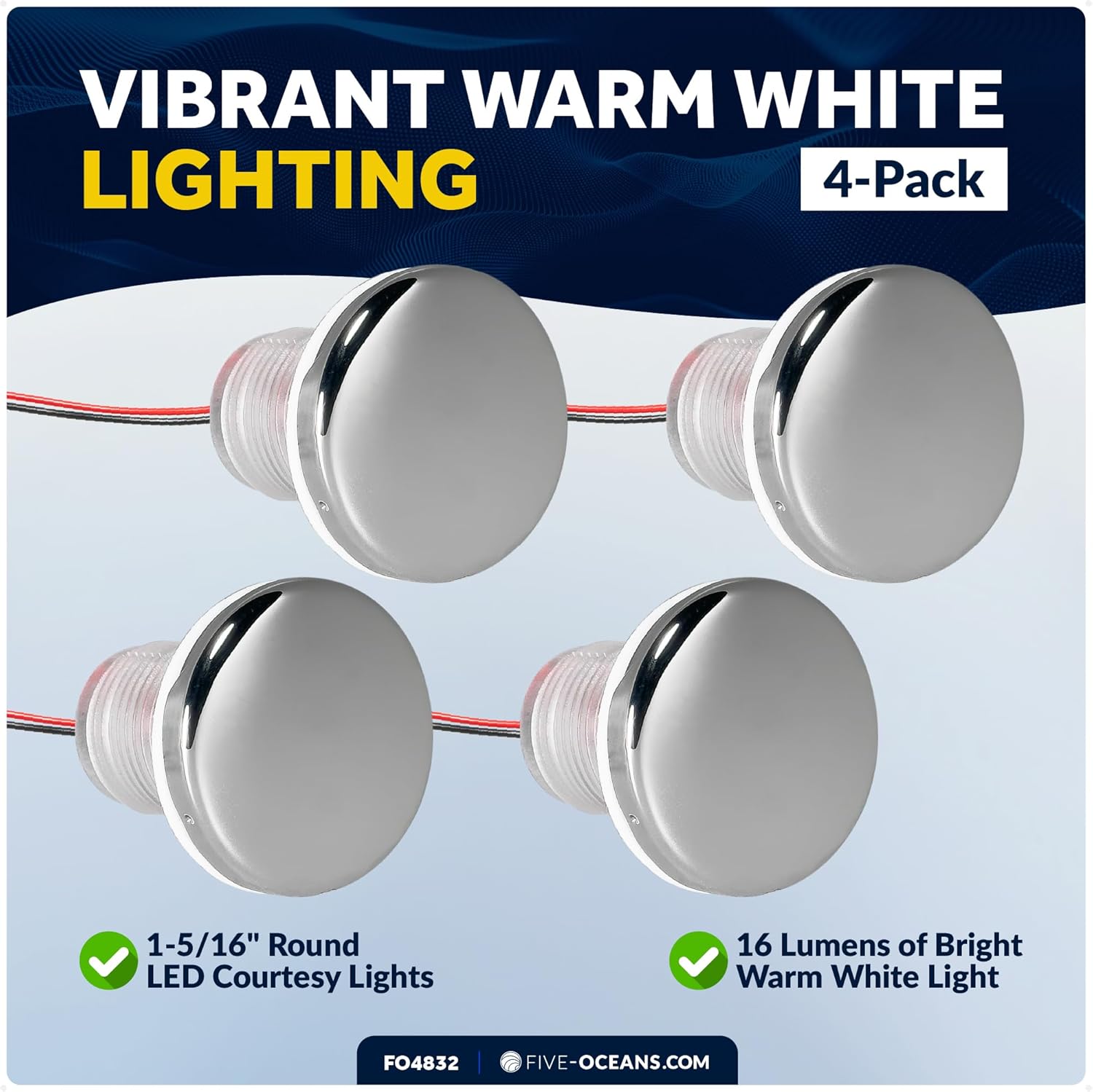 Five Oceans LED Boat Courtesy Lights, 1-5/16-Inch 316 Stainless Steel Round Cover, 4-Pack, IP67 Waterproof, Warm White 16LM, 12V, Thru-Hull Mount for Livewell & Underwater Light on Boats - FO4832