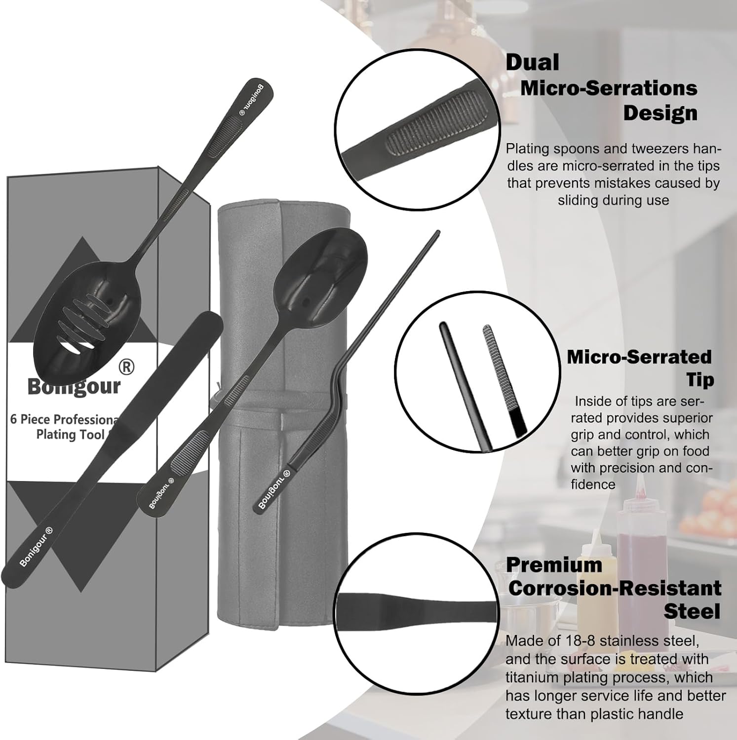 Plating Tool Culinary Set, 6 Piece Professional Chef Plating Tools Kit, Chef Plating Utensils, Spatula, Tweezers for Modernist Cuisine Food Art, Black, Cooking Utensils (Black)