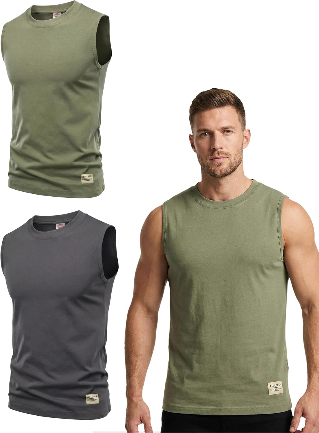 Men’s 2-Pcs Sleeveless Crew Neck T-Shirt Vest, Slim Fit Solid Color Basketball & Sports Fitness Sweatshirt