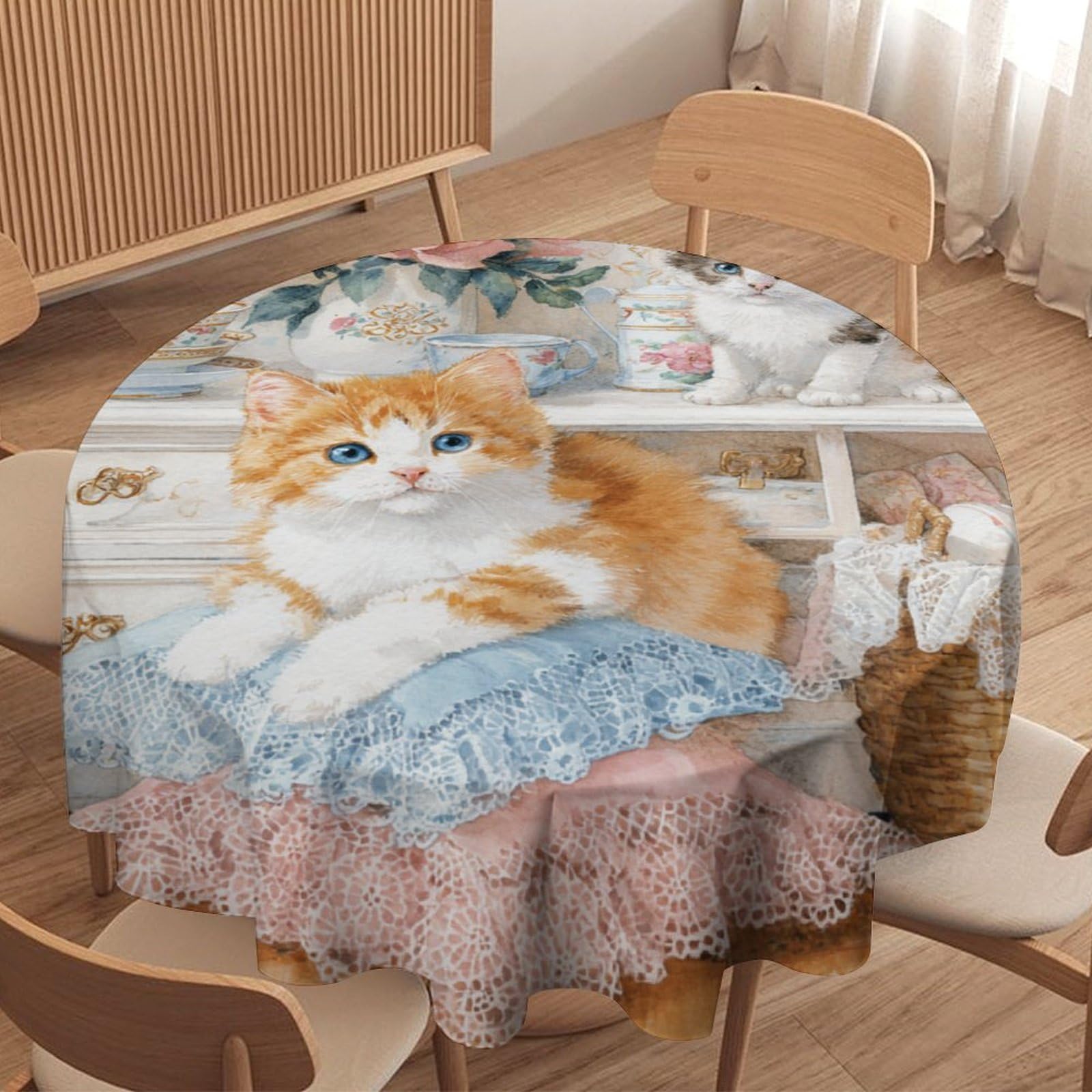 LUYYSKY Funny Abstract Cute Kitten Round Tablecloth Beautiful Fantasy European Animal Cat Plant Pink Rose Floral Washable Decor for Table Cover for Kitchen-177.8" Wx177.8 L cm