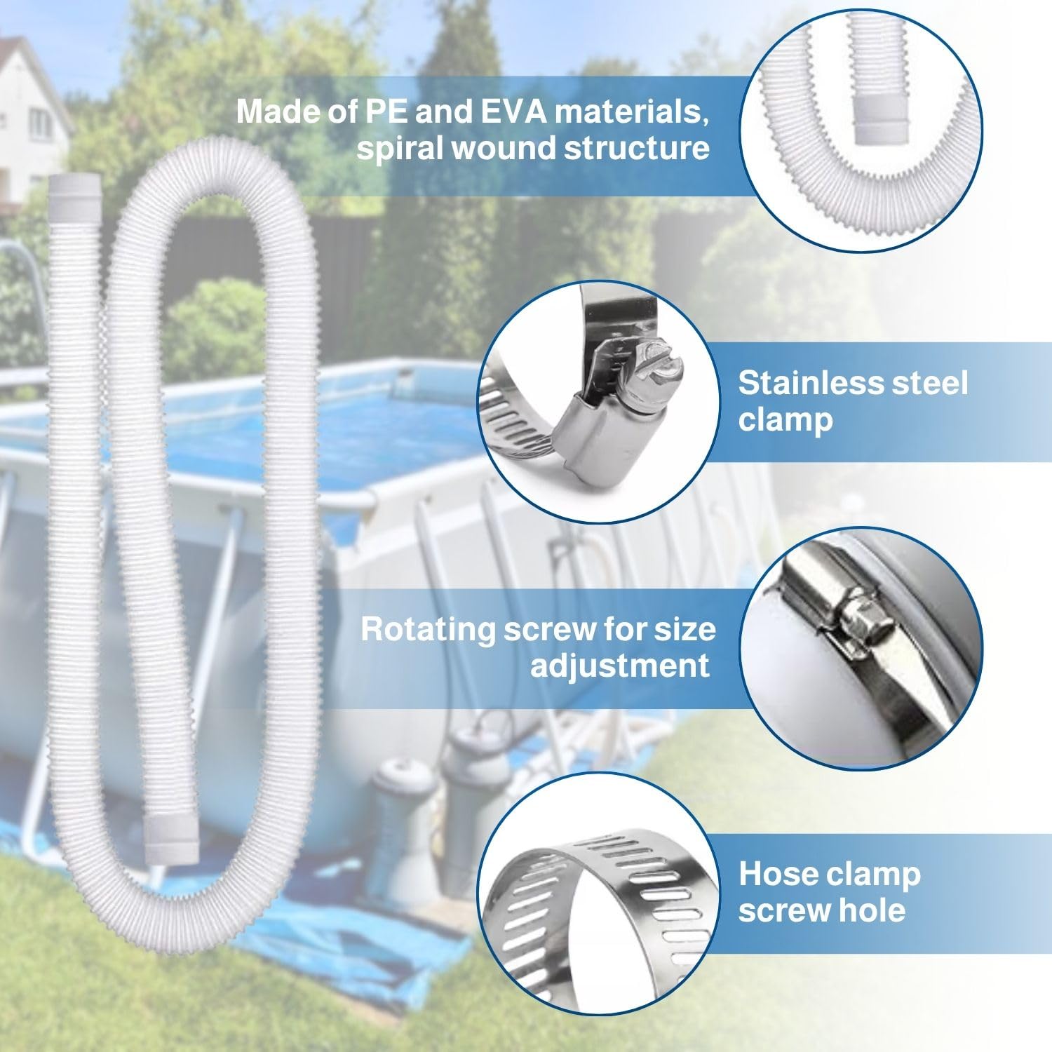 Tuyau Piscine 32mm – 2x Tuyau Flexible avec 4 Clips de Sécurité et 1 Raccord Universel – Compatible avec Toutes les Pompes de Filtration – Installation Facile – Pour Piscines, Spas, Aquariums