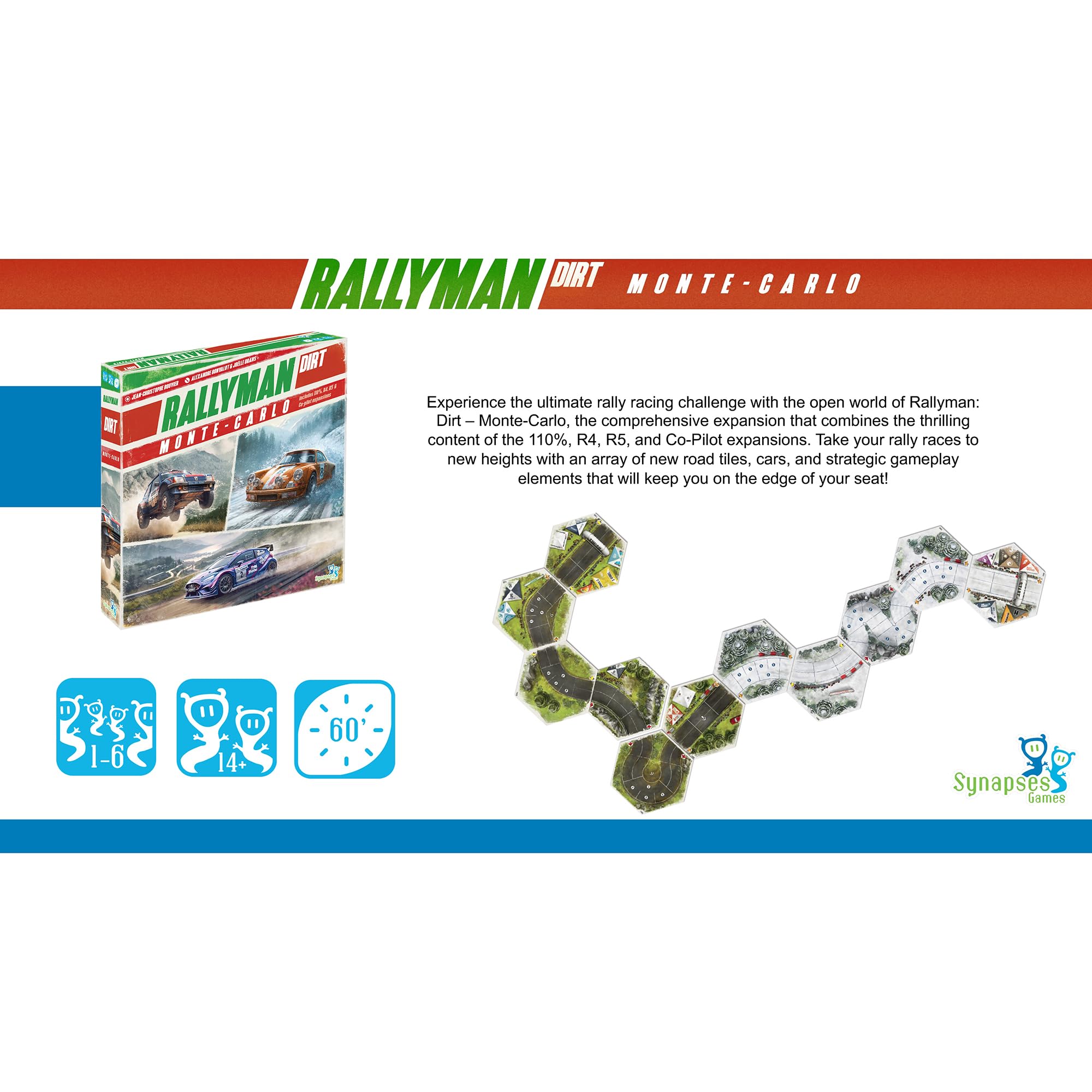 Synapses Games | Rallyman: Dirt Monte Carlo | Espansione | Gioco da tavolo per rotolare dadi | Gioco Push Your Luck |Età 14+ | Da 1 a 6 giocatori | 60+ minuti