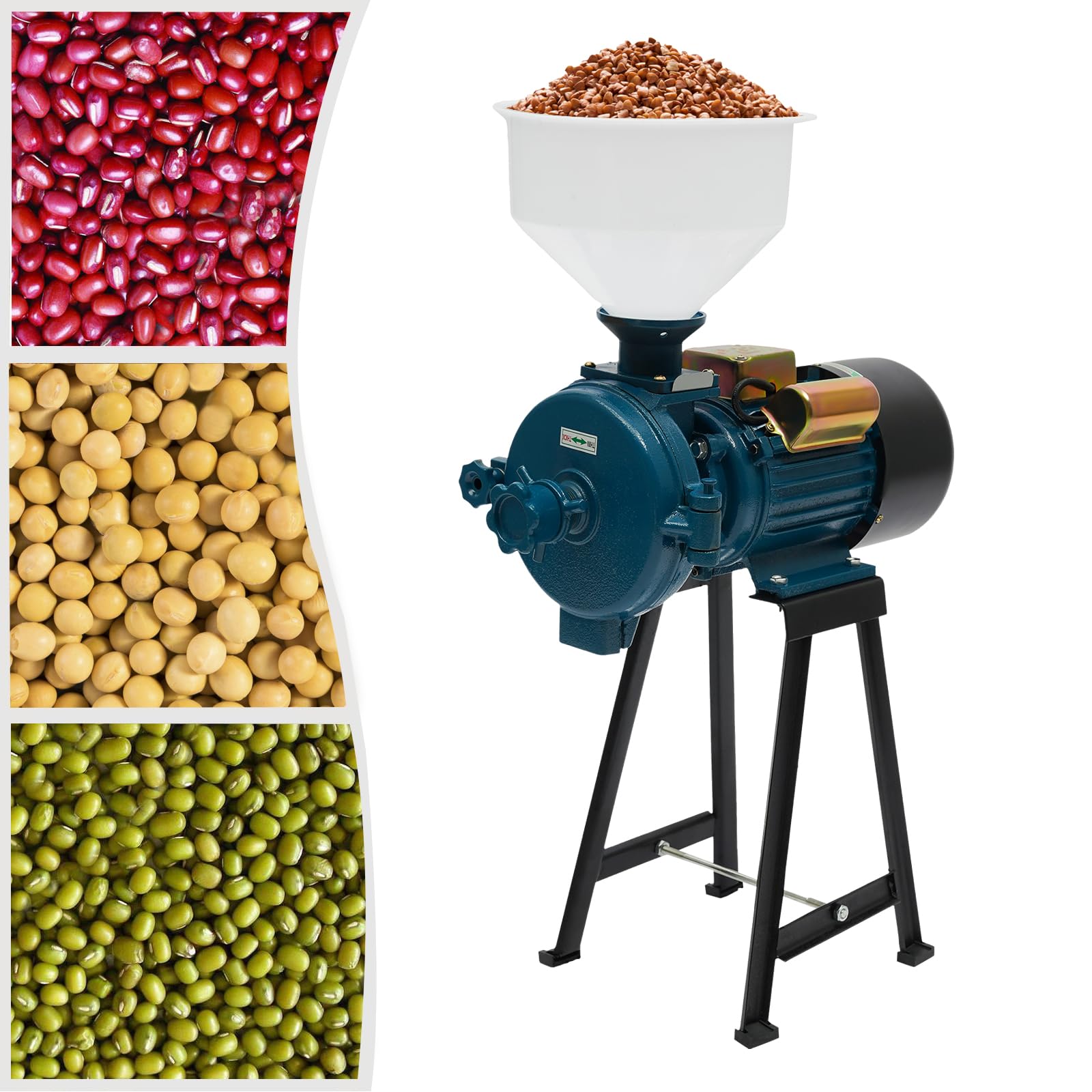 Moulin à céréales électrique, 2200 W, en acier inoxydable, avec entonnoir, moulin électrique commercial, meulage à sec, moulin à épices, pour maïs, orge, blé