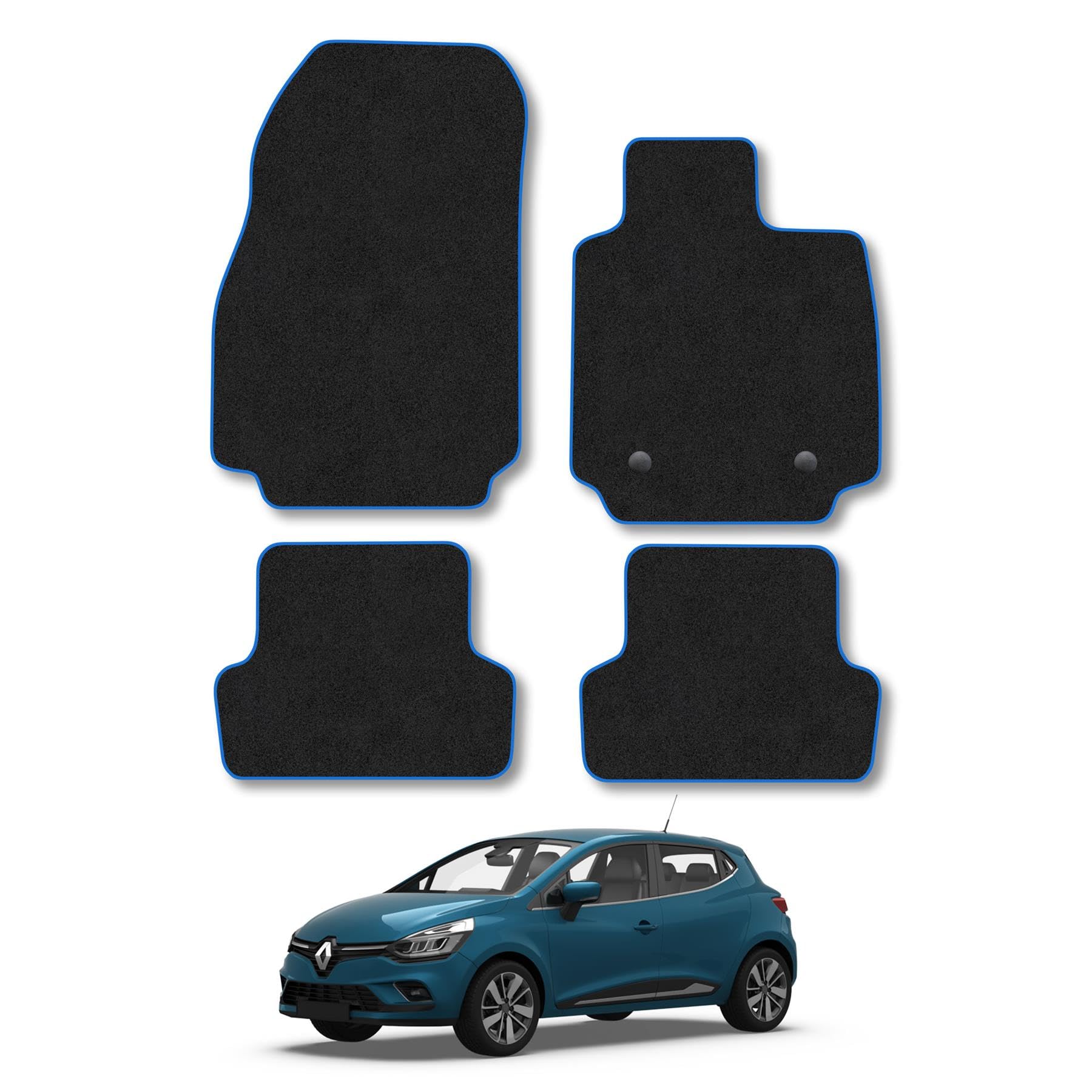 Renault Clio (2012-2019) Car Mats Accessories Tailored Fit Carpet Floor Mats Non Slip Blue Trim Full Coverage Compatible Accessory Granulated Backing Front Rear Set Anti Slip Hand-Finished Clips