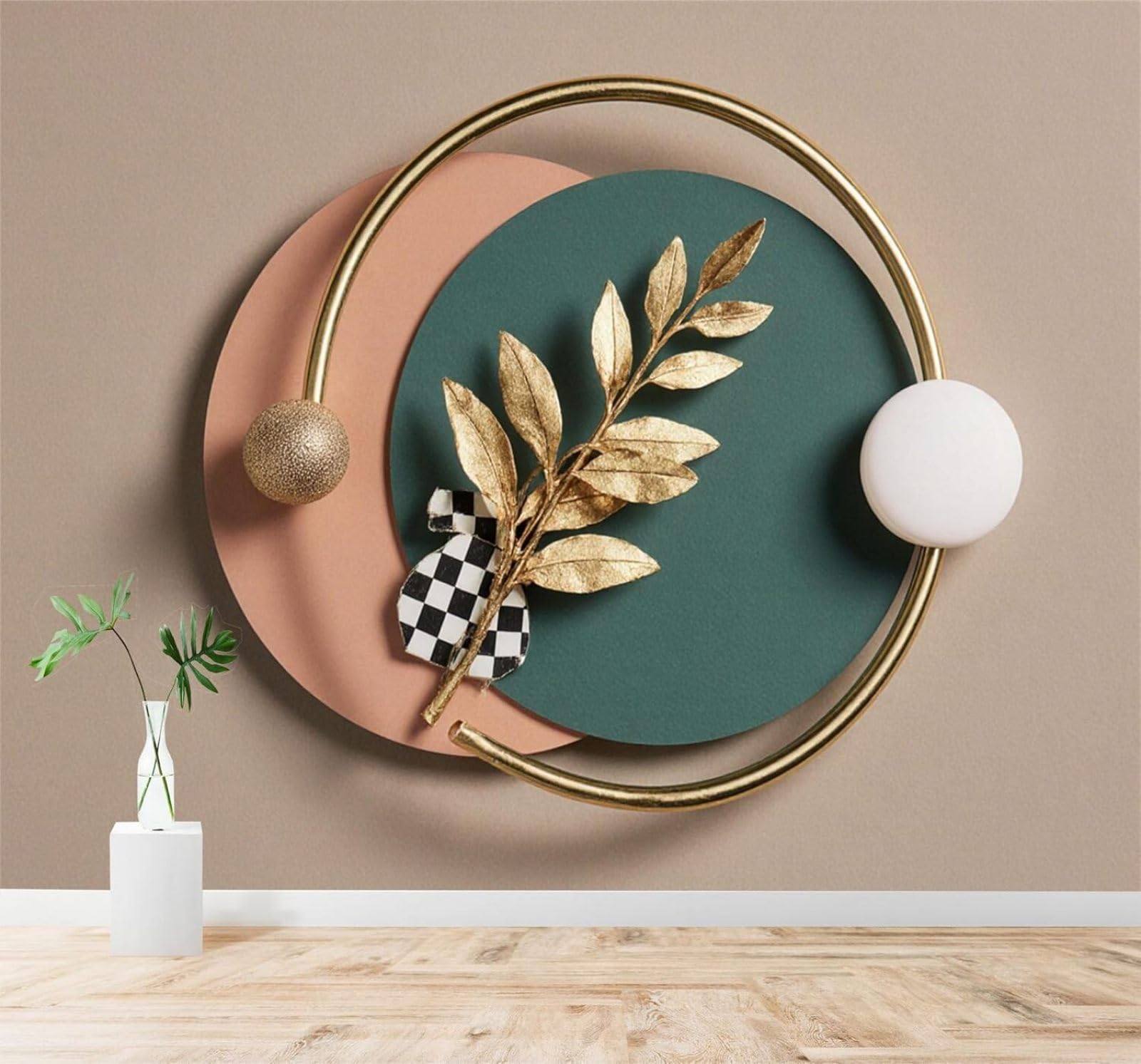 XLMING Minimalist Geometric Abstract Art Golden Leaves 3D Wallpaper Silky Texture Home Study Office Grey Dining Room Sofa Bedroom Living Room TV Backdrop-350cm×256cm