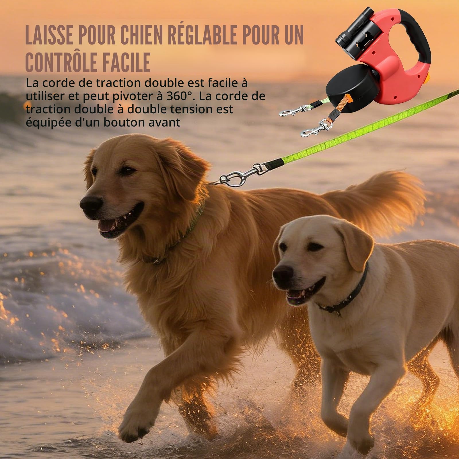 BAIFULAI Laisse rétractable pour 2 chiens, 3 m, double laisse pour 2 chiens, avec lumière, poignée antidérapante, extensible, pour chiens de petite et moyenne taille, rouge