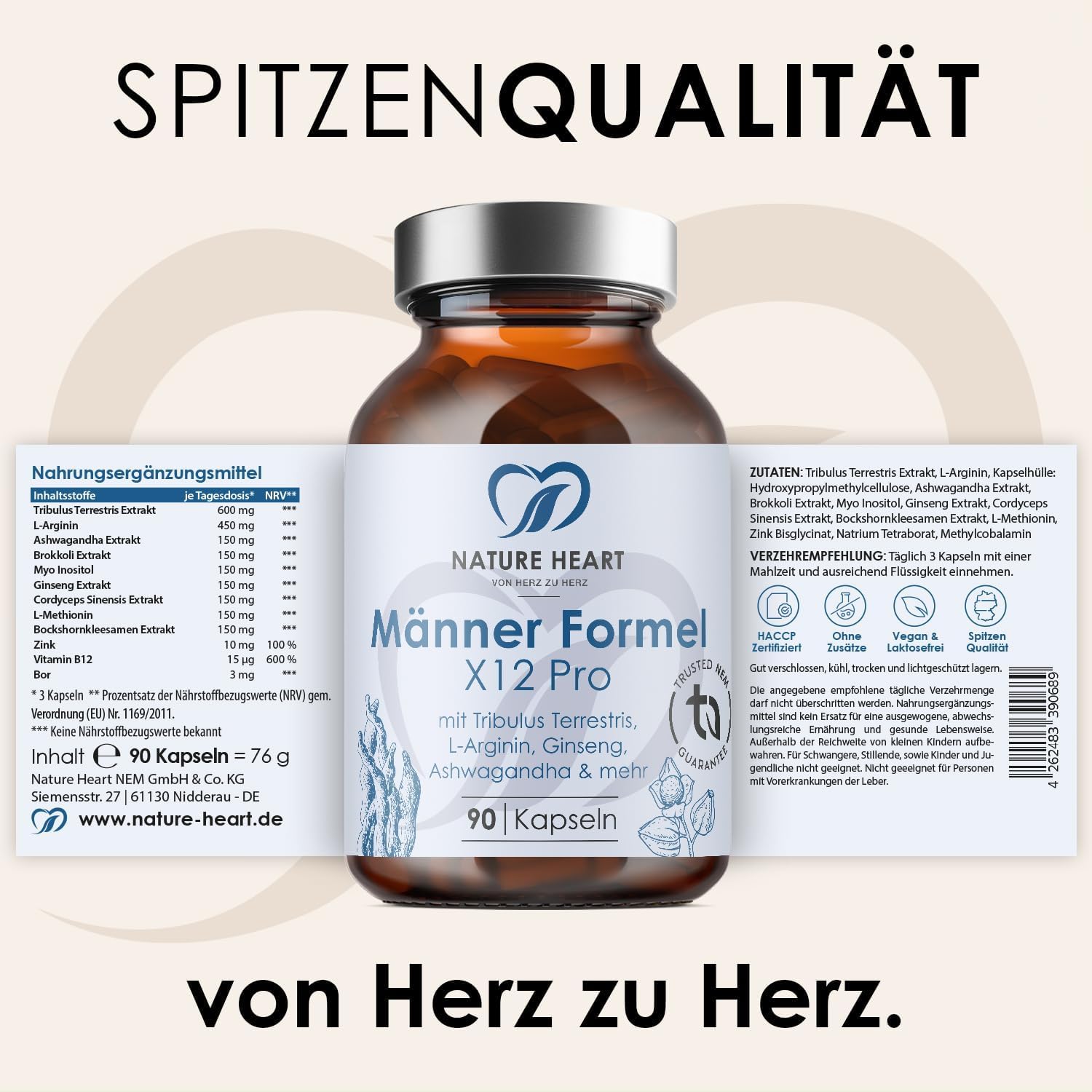 Nature Heart Männer Formel X12 Pro 2 Stück – 90 Kapseln | Mit Tribulus, Ginseng, Ashwagandha, Zink & Vitamin B12, Vegan