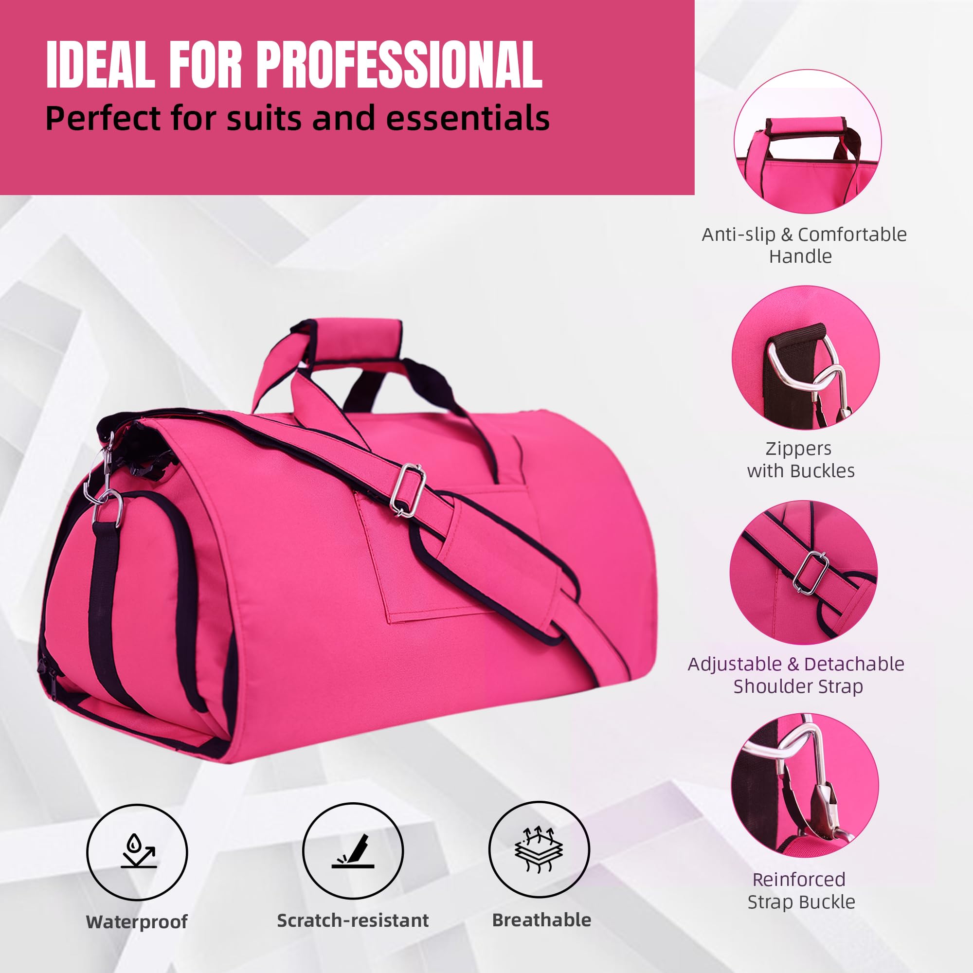 FUOCO Trolly Convertible Duffle Garment Bag for Men Women Suit Carrier for Travel Blazer Carry overnighter Space Saving Duffle Bags, Multi-Functional Coat Pant Cover with Hanger (Pink) 2