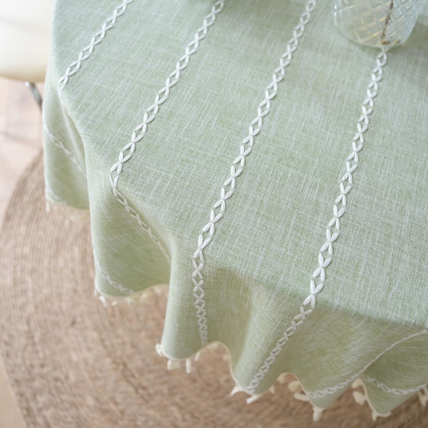 Nappe Ronde en Coton et Lin Dentelle à Pompons Lavable en Machine Vert 200cm de diamètre
