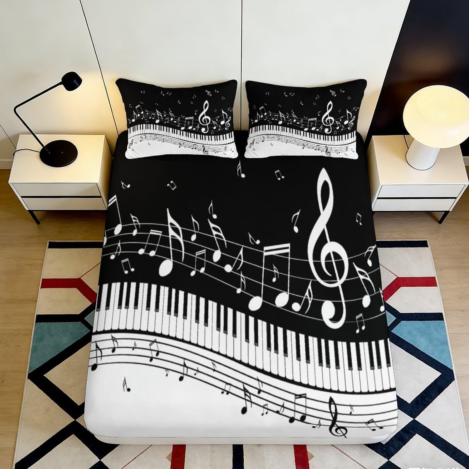 3D Printed Musical Notes Fitted Sheet Microfiber Black White Piano Mattress Cover for Bedroom Guest Room Decor Easy Care 200x200x25cm