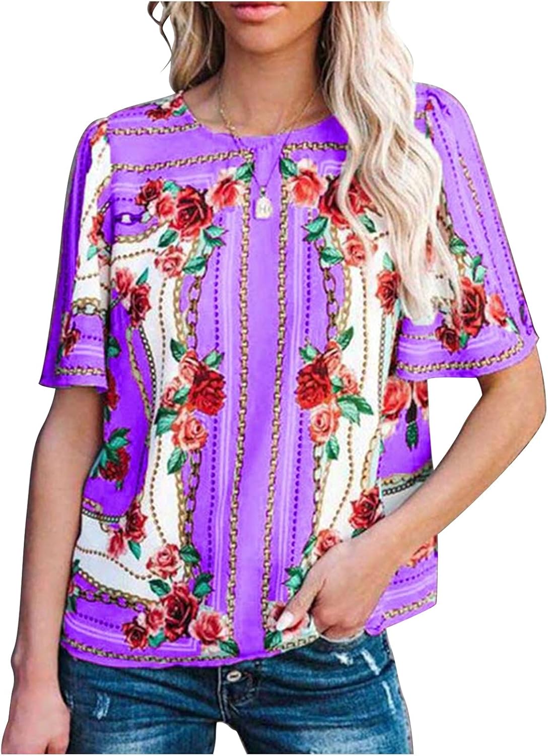 Tucson Shipping included Mall Women's Short Sleeve Flower Print Tees Blouse Cu Crewneck Shirts