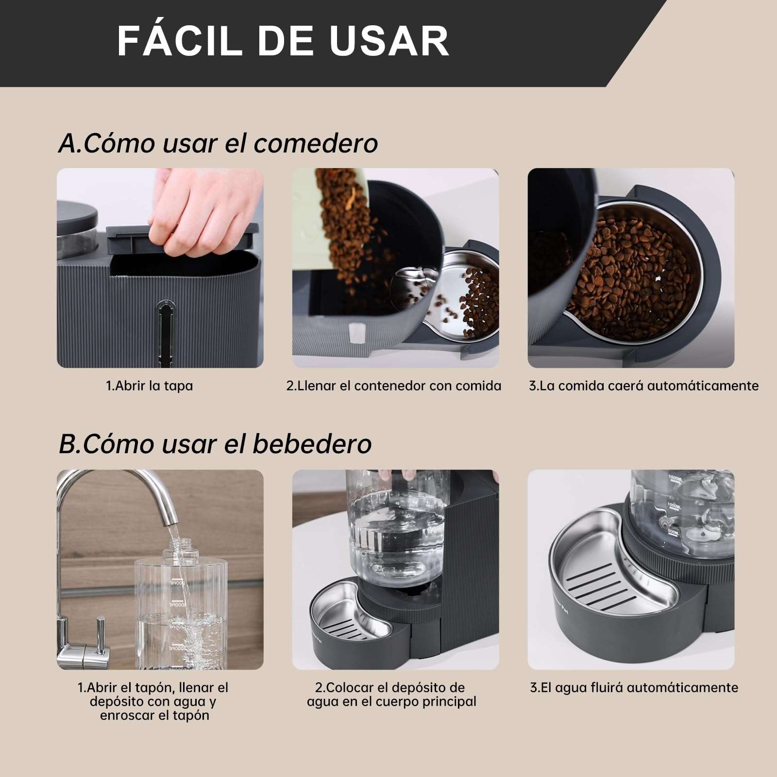 Gardner Pet 2 en 1 Comedero Gato Automatico 3L*2-Gris | Ángulo Ajustable y Cajón Extraíble,Dispensador Comida Gravedad,Dispensador Comida y Agua con Bol Acero Inoxidable