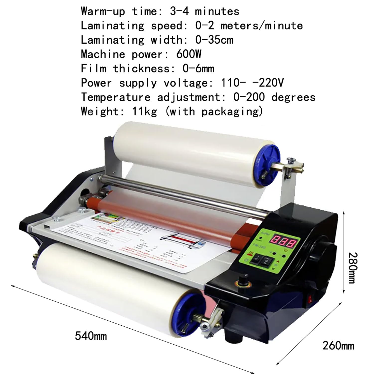 Macchina di laminazione professionale, laminatore a caldo freddo con regolazione continua della velocità 0-200℃, display digitale LCD, 4 rulli per foto, menu, adesivi, velocità 2m/min