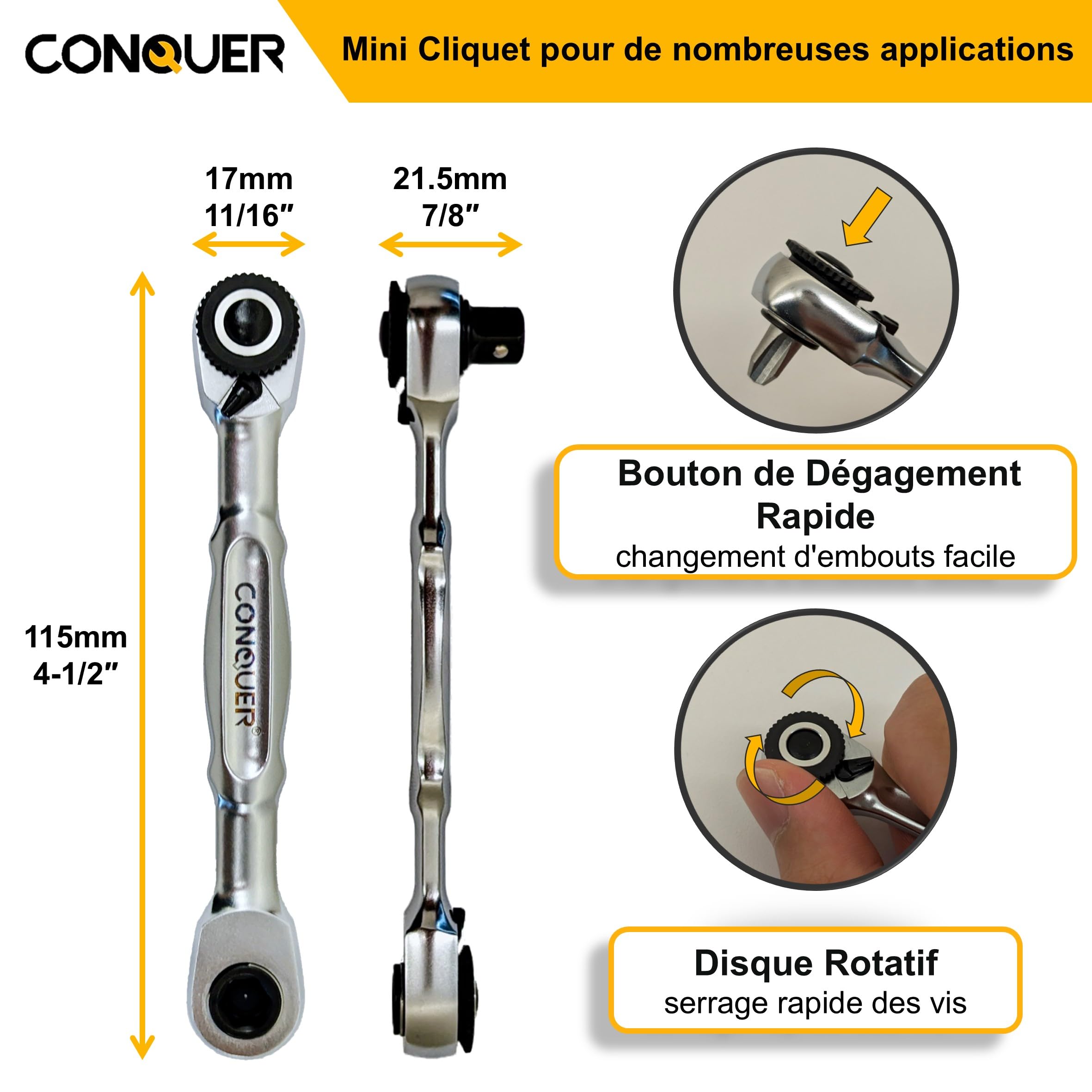 CONQUER Clé à Cliquet 1/4" Mini, Tête Double Ultra-Basse Profil, Résistance au Retour Ultra-Faible 72 Dents 5°, Outil Compact Mécanicien pour Espaces Moteur Étroits, Douilles et Embouts Hex EDC