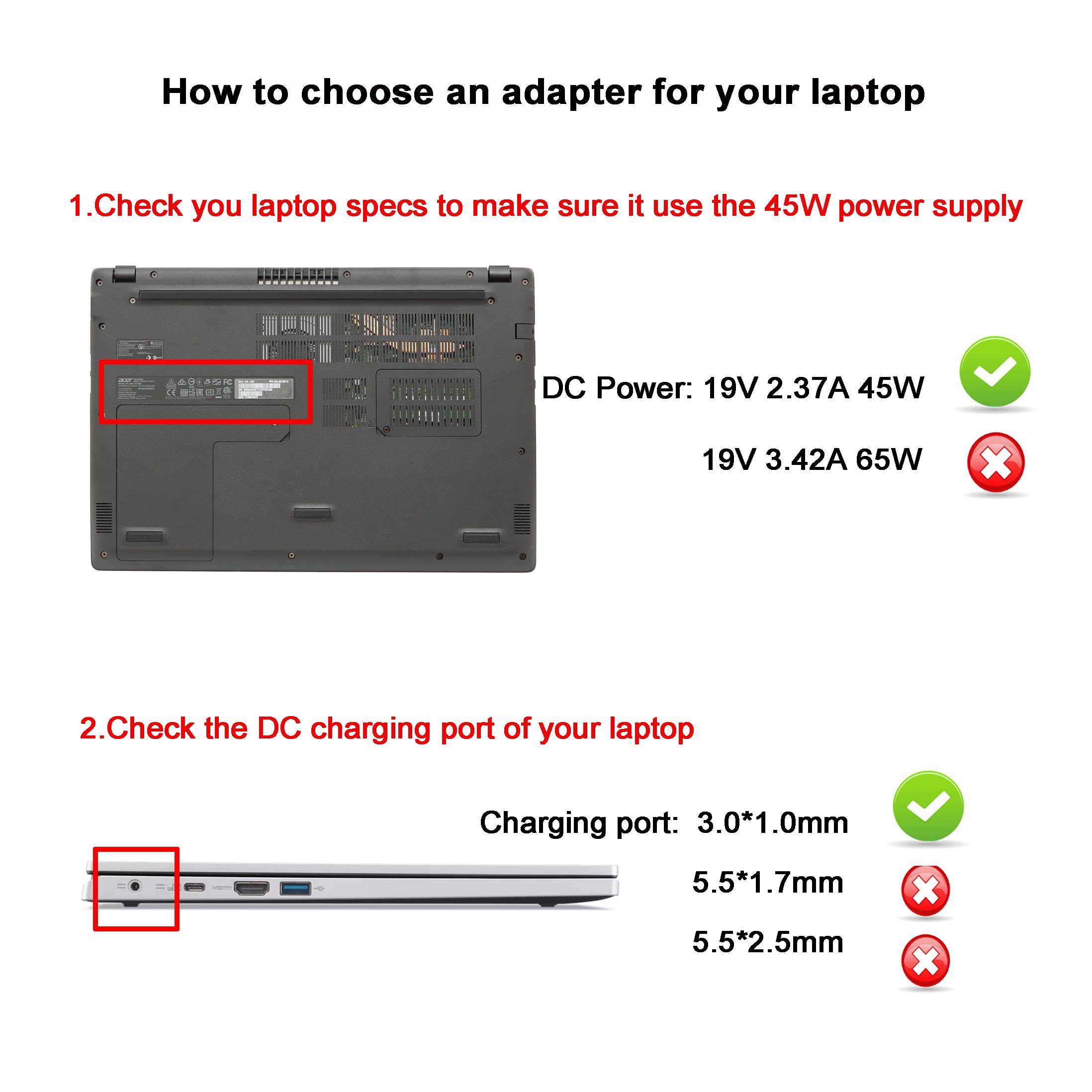 45W 40W Caricatore Alimentatore per Acer Aspire A315-23 A315-24P A315-35 A317-53 A317-54 A317-55P A115-32 A314-22 A314-23P A514-55 A515-45 A517-52 EX215-22 Aspire 1 3 5 Series 3.0 * 1.0mm